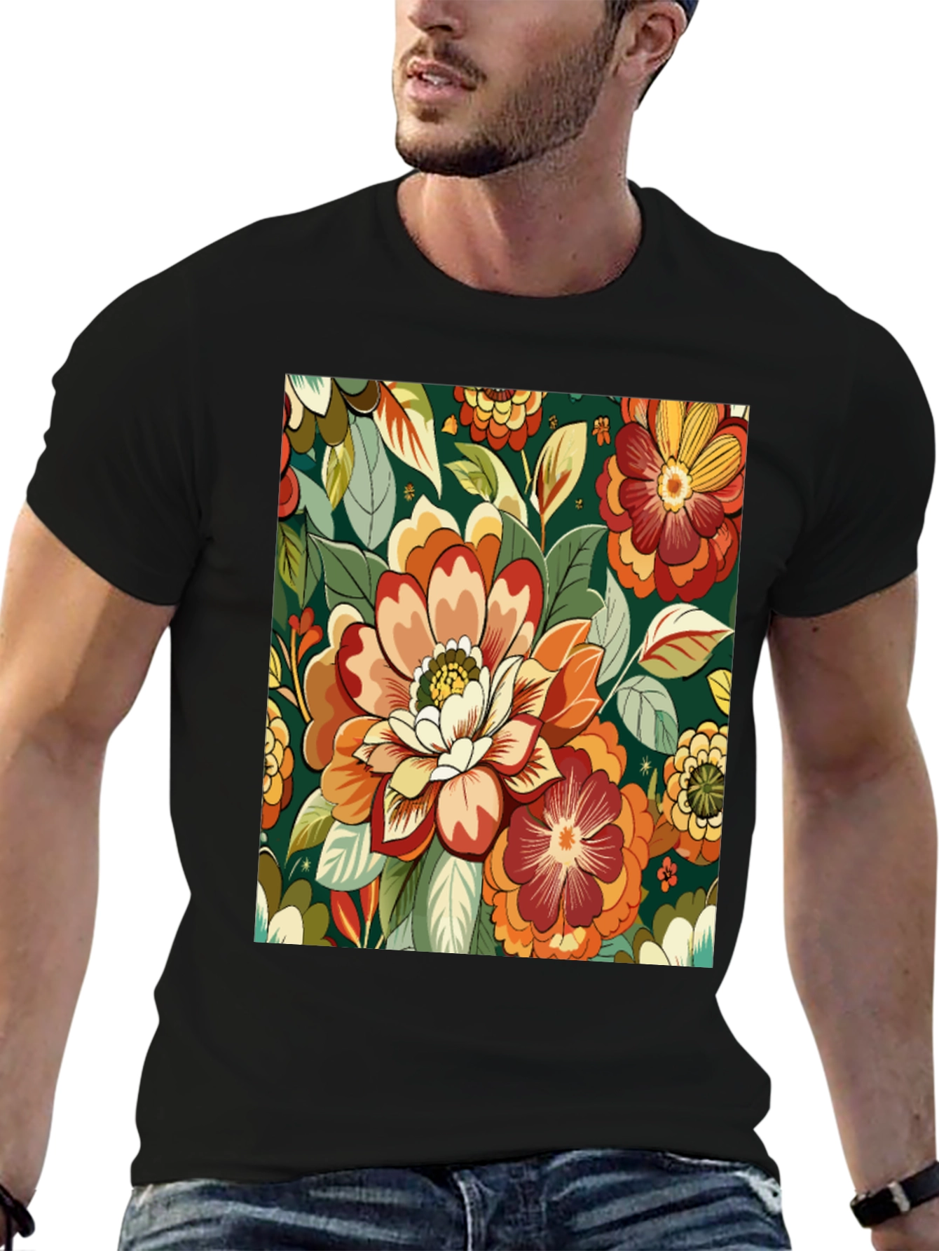 Floral Pattern Black T-Shirt