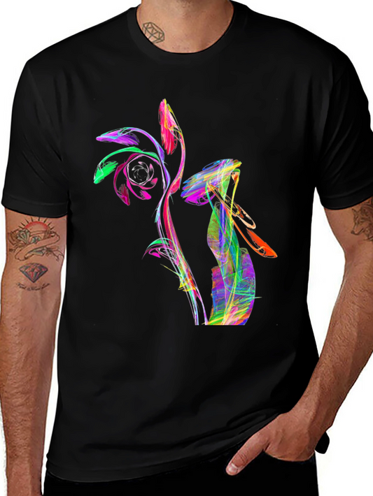 Abstract Rose Graphic T-Shirt - Vivid Colors Black Tee