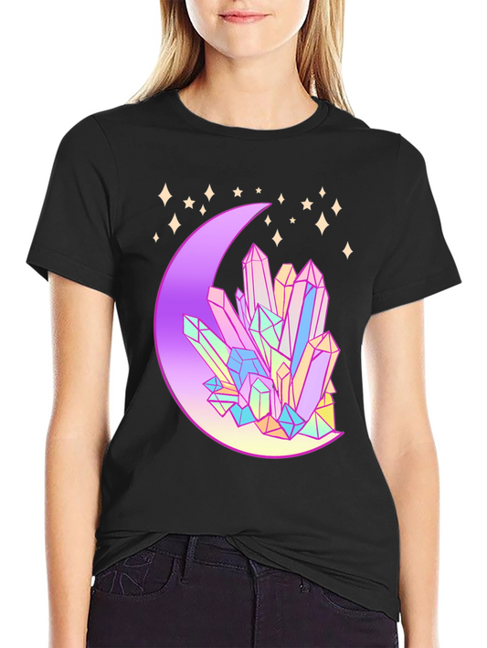 Crystals on Crescent Moon Graphic Tee - Black Unisex Shirt