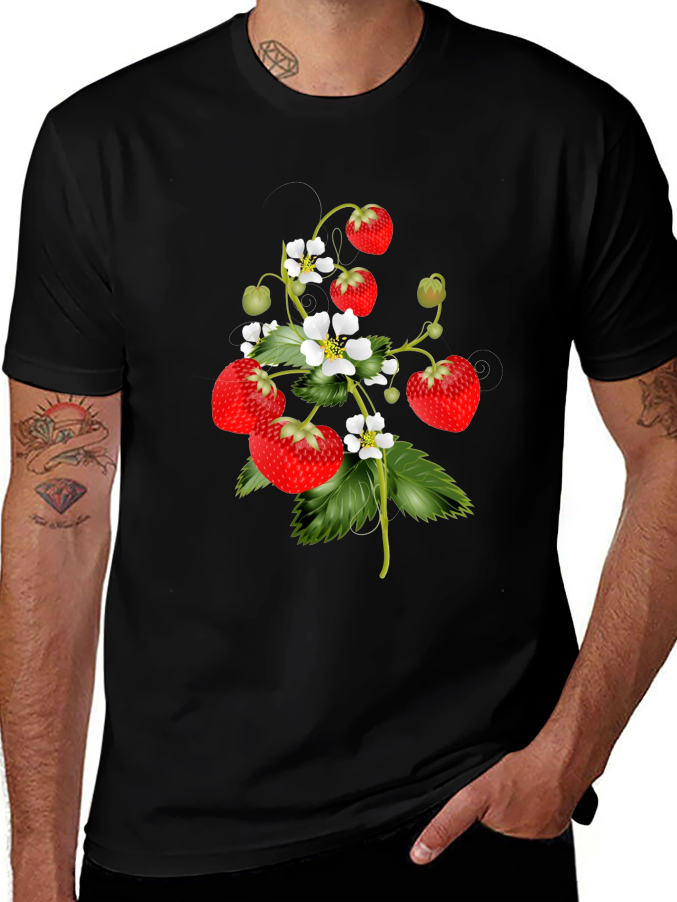 Strawberry Print Black T-Shirt