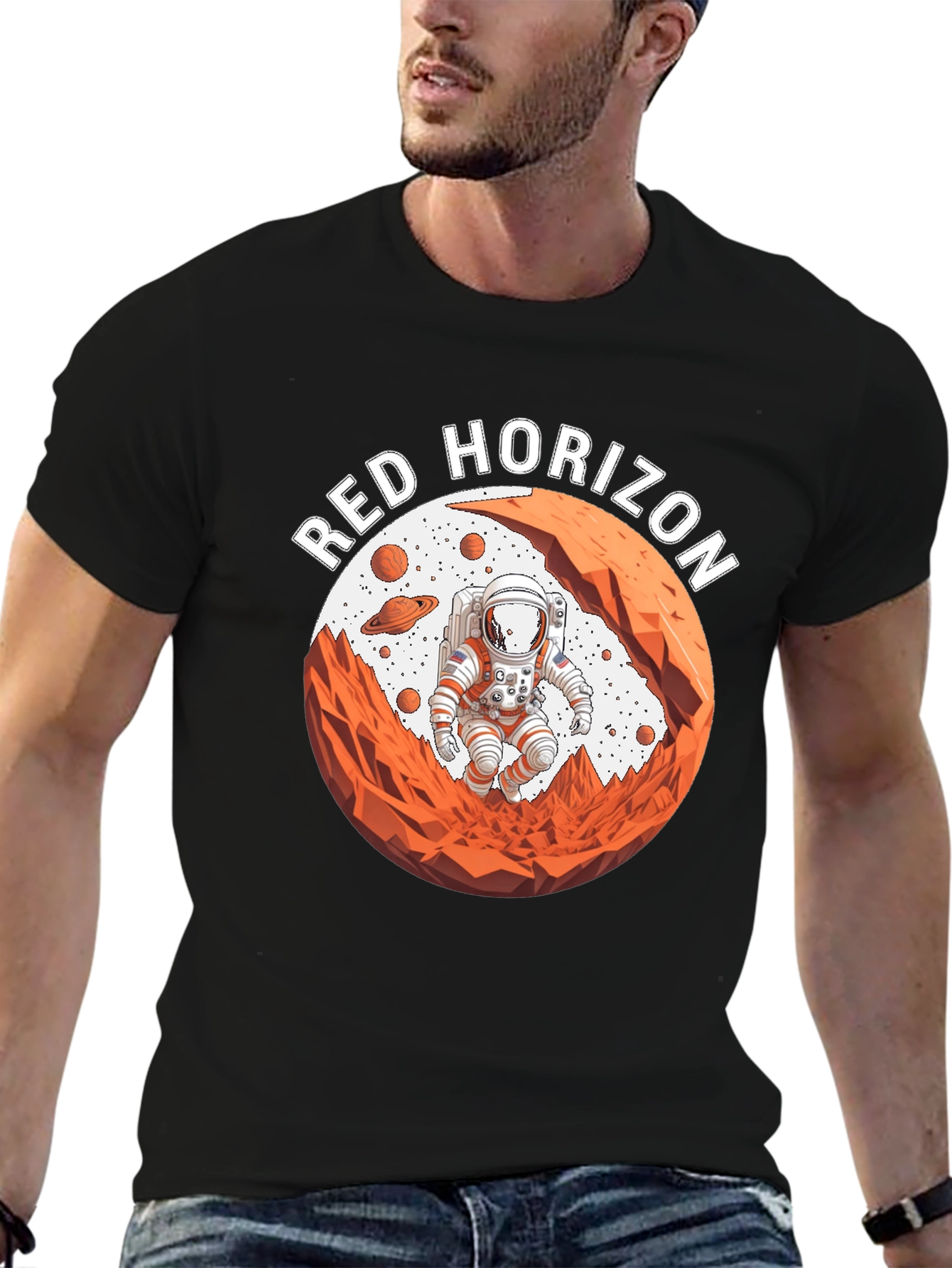 Red Horizon Astronaut Black T-Shirt