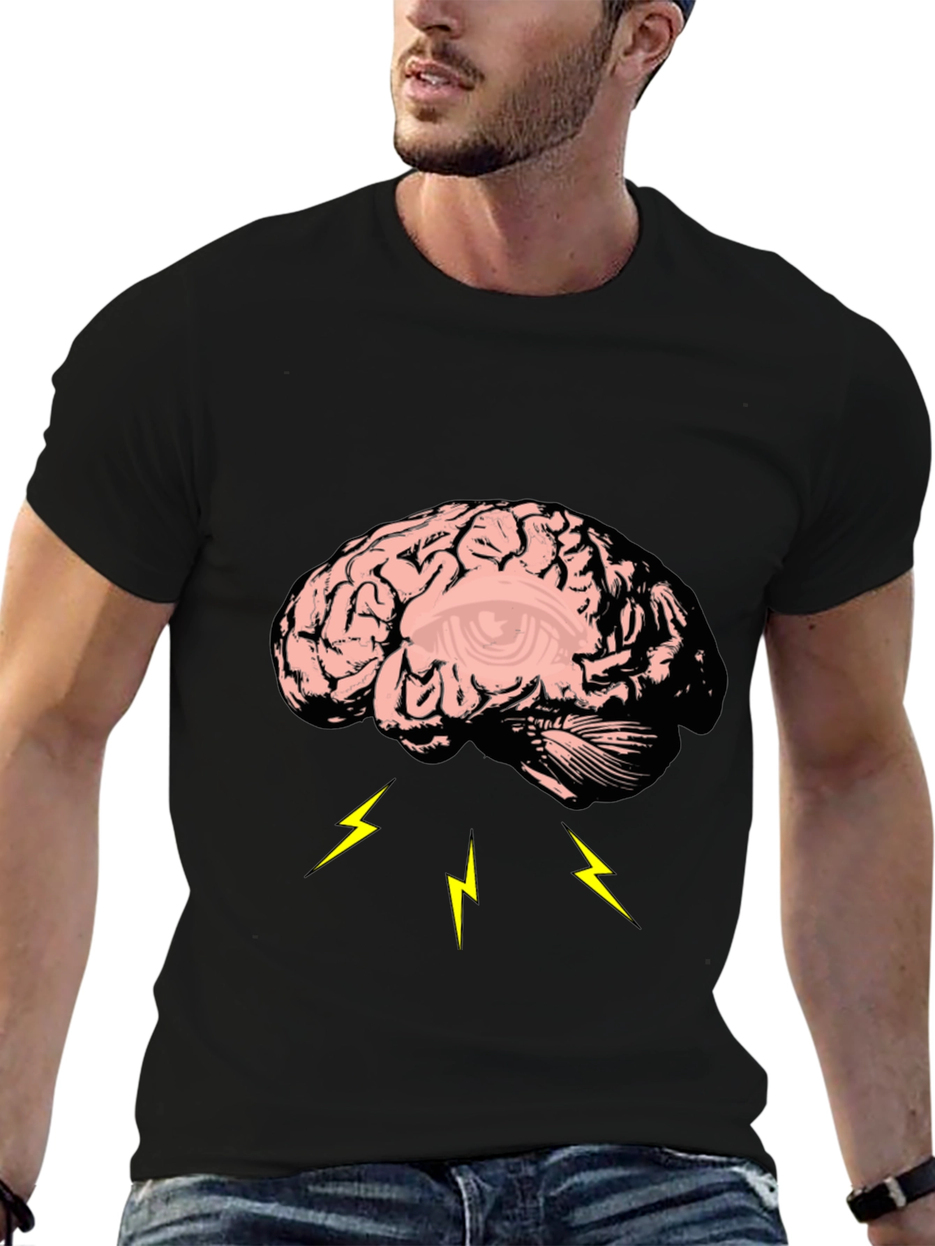 Brain Lightning Graphic Tee - Black Cotton T-Shirt