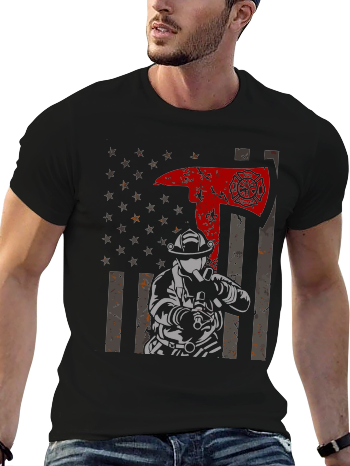 Firefighter Axe Flag Graphic Tee - Black