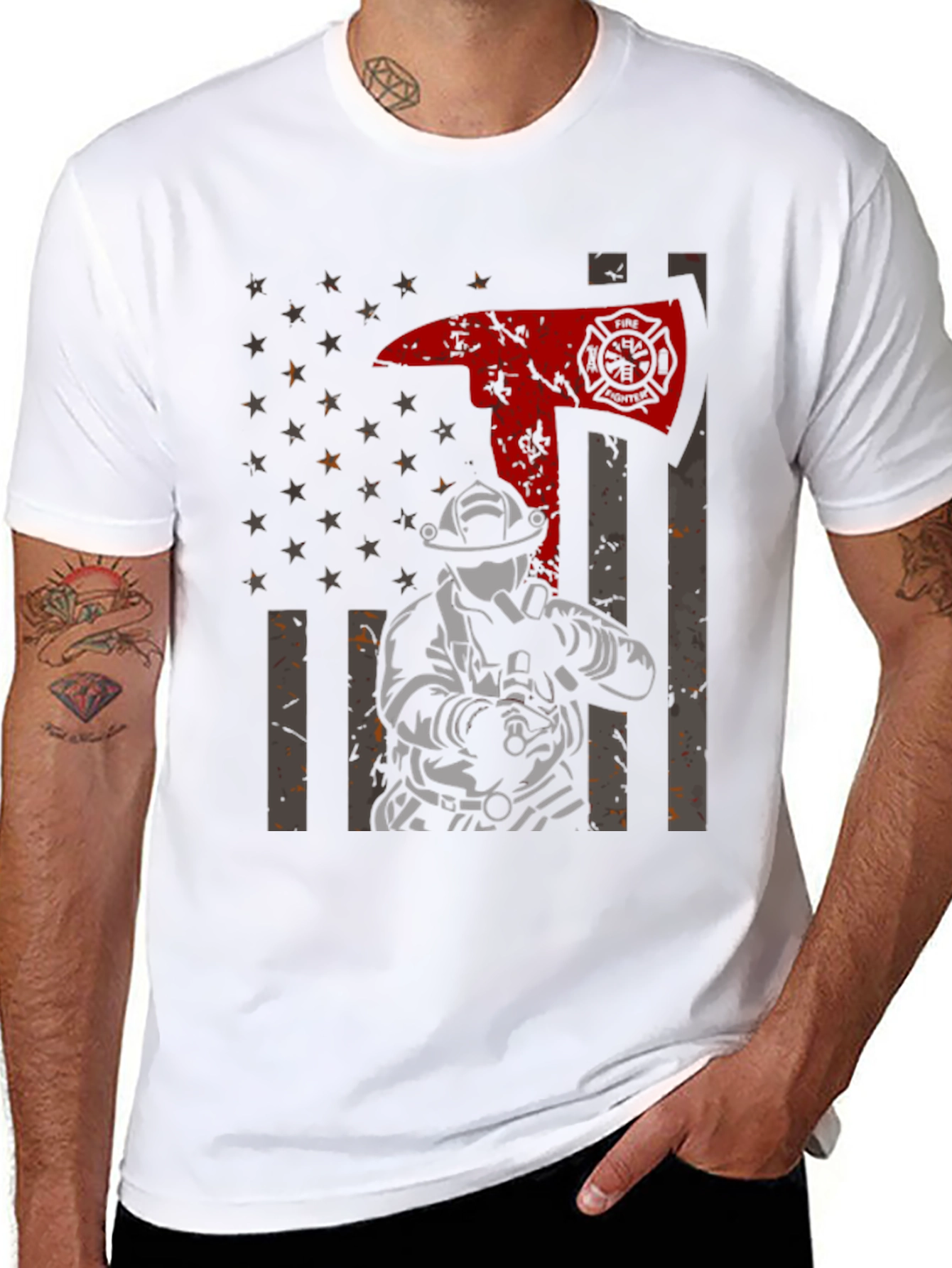 Firefighter Axe Flag Graphic Tee - Black