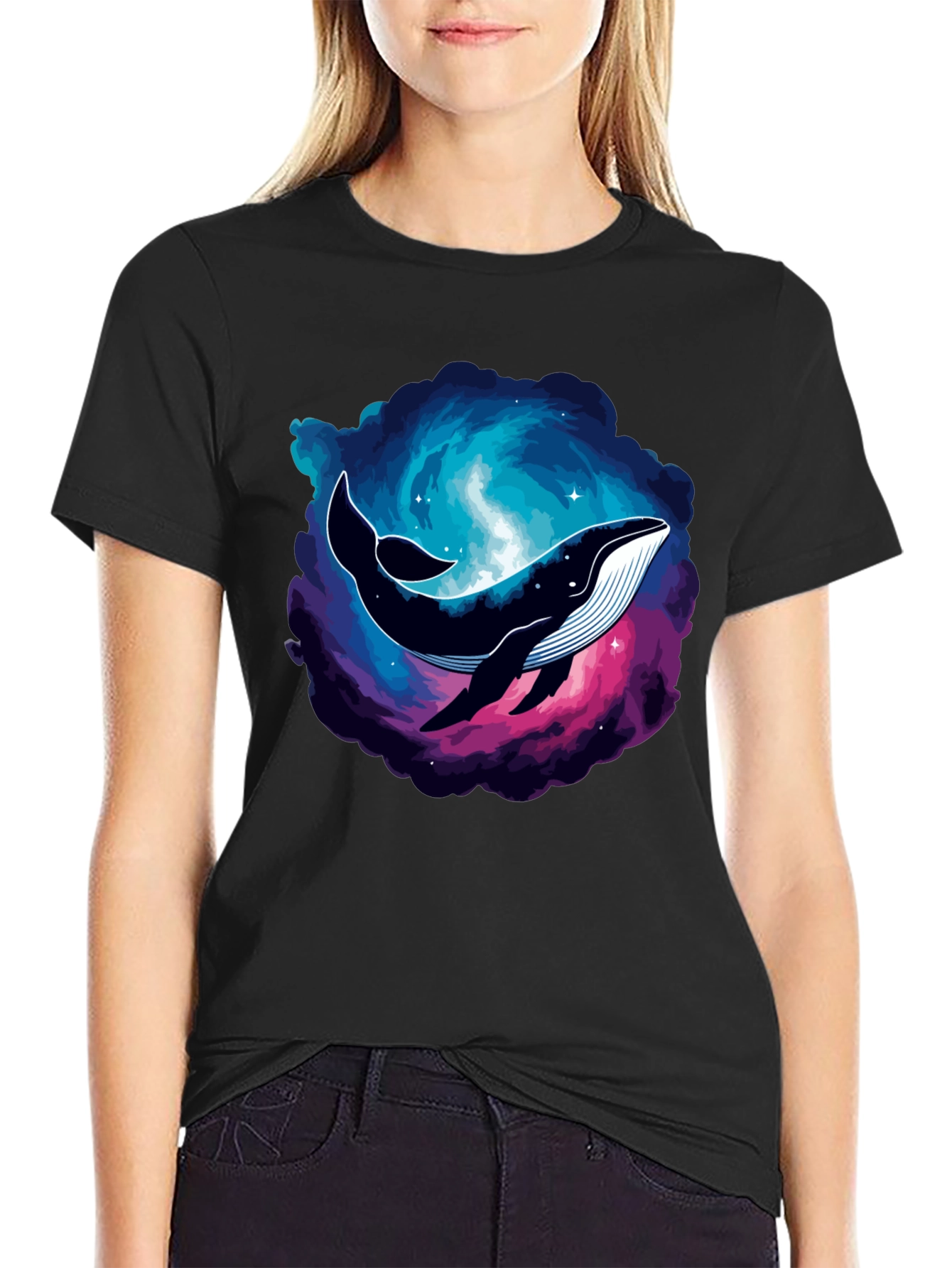 Cosmic Whale Graphic Tee - Black Cotton T-Shirt