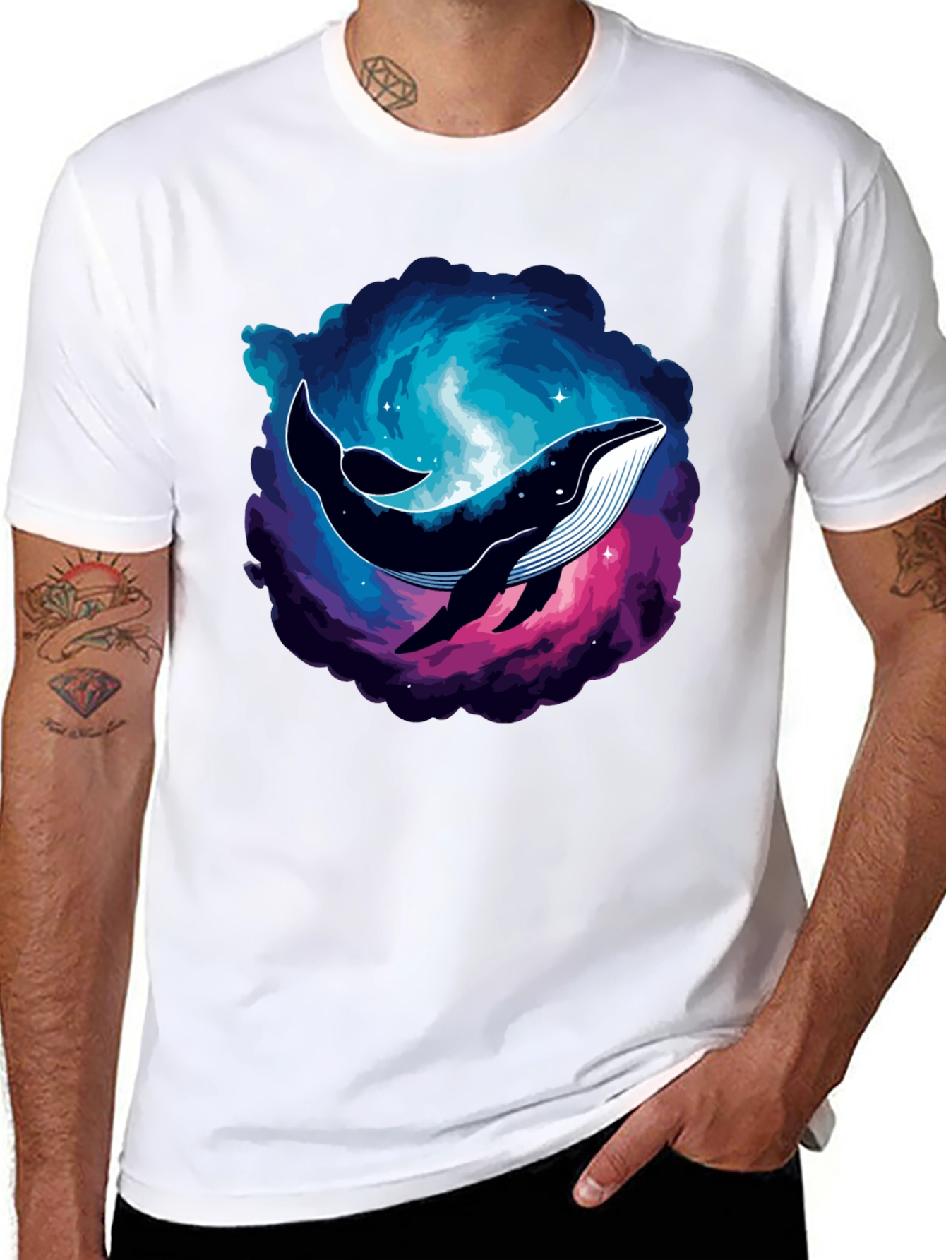 Cosmic Whale Graphic Tee - Black Cotton T-Shirt