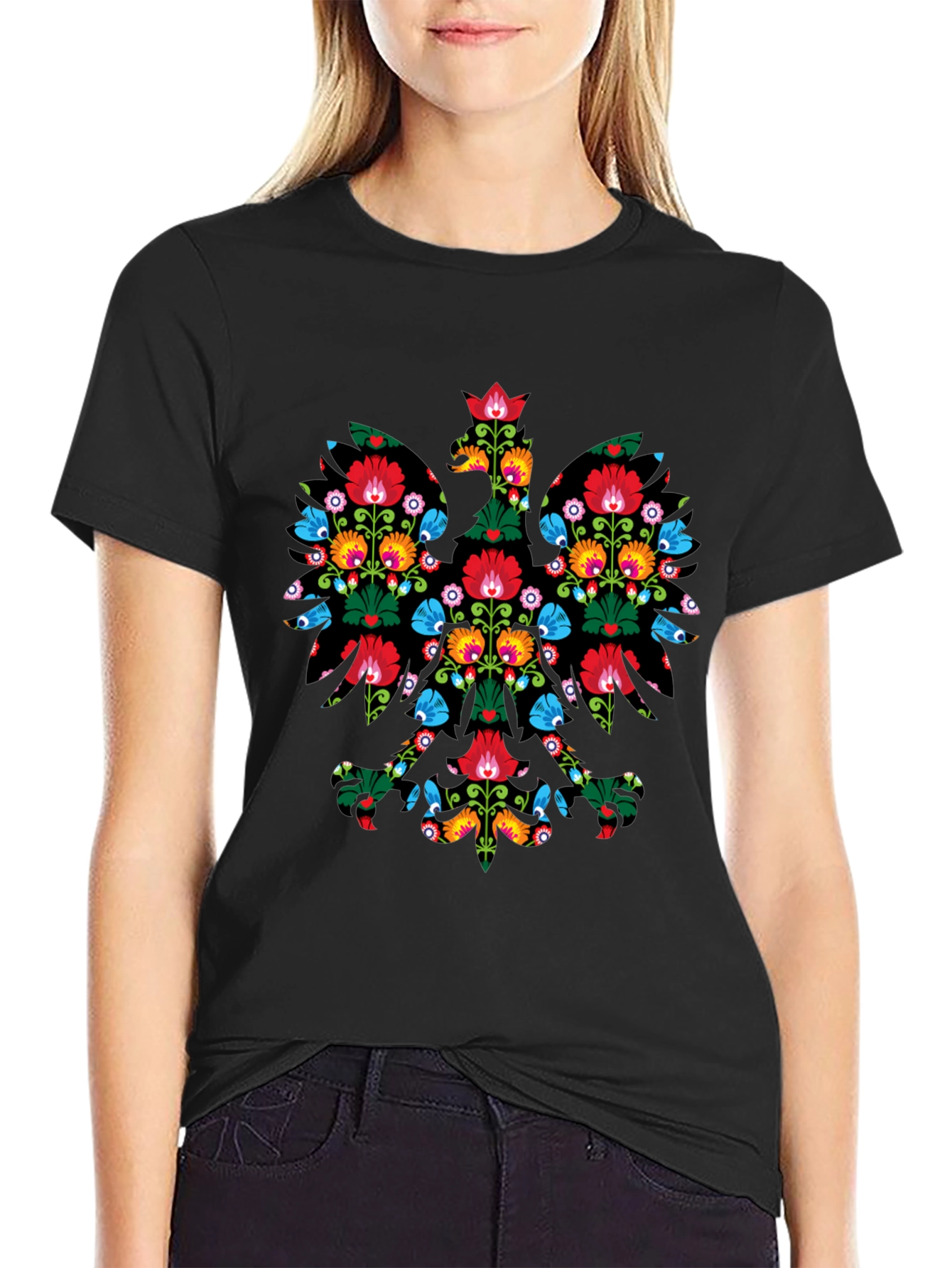 Floral Polish Eagle Black T-Shirt
