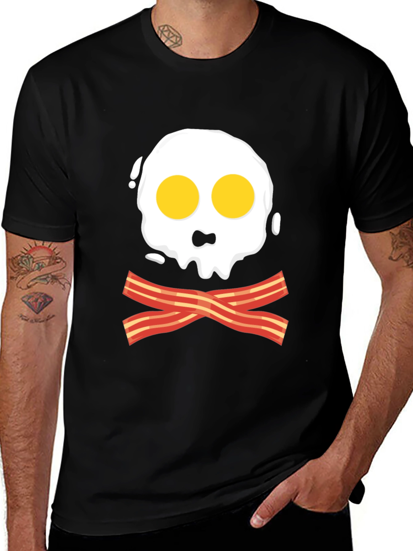 Funny Skull Fried Egg & Bacon Graphic Black T-Shirt