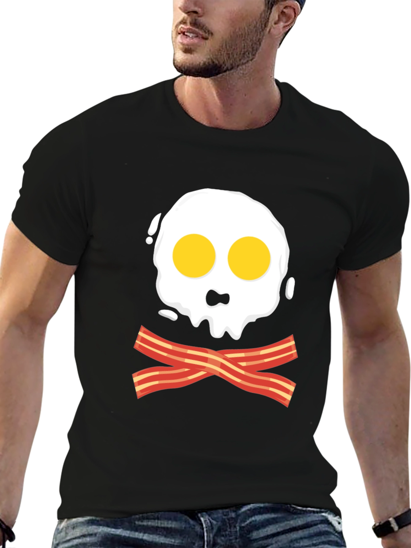 Funny Skull Fried Egg & Bacon Graphic Black T-Shirt