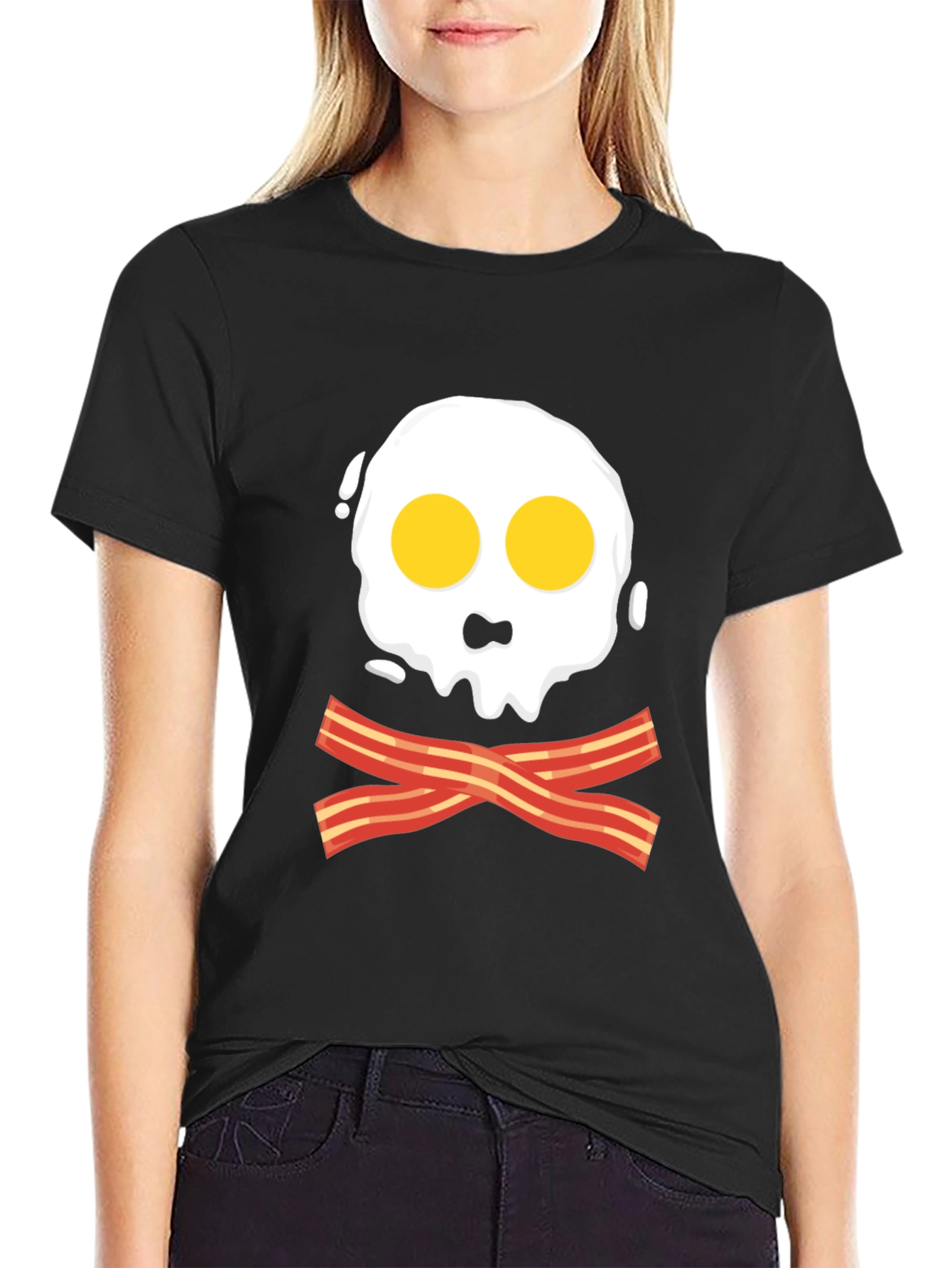 Funny Skull Fried Egg & Bacon Graphic Black T-Shirt