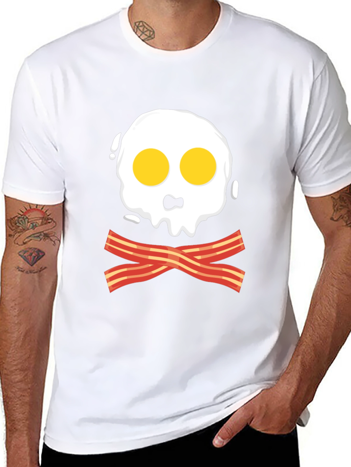 Funny Skull Fried Egg & Bacon Graphic Black T-Shirt