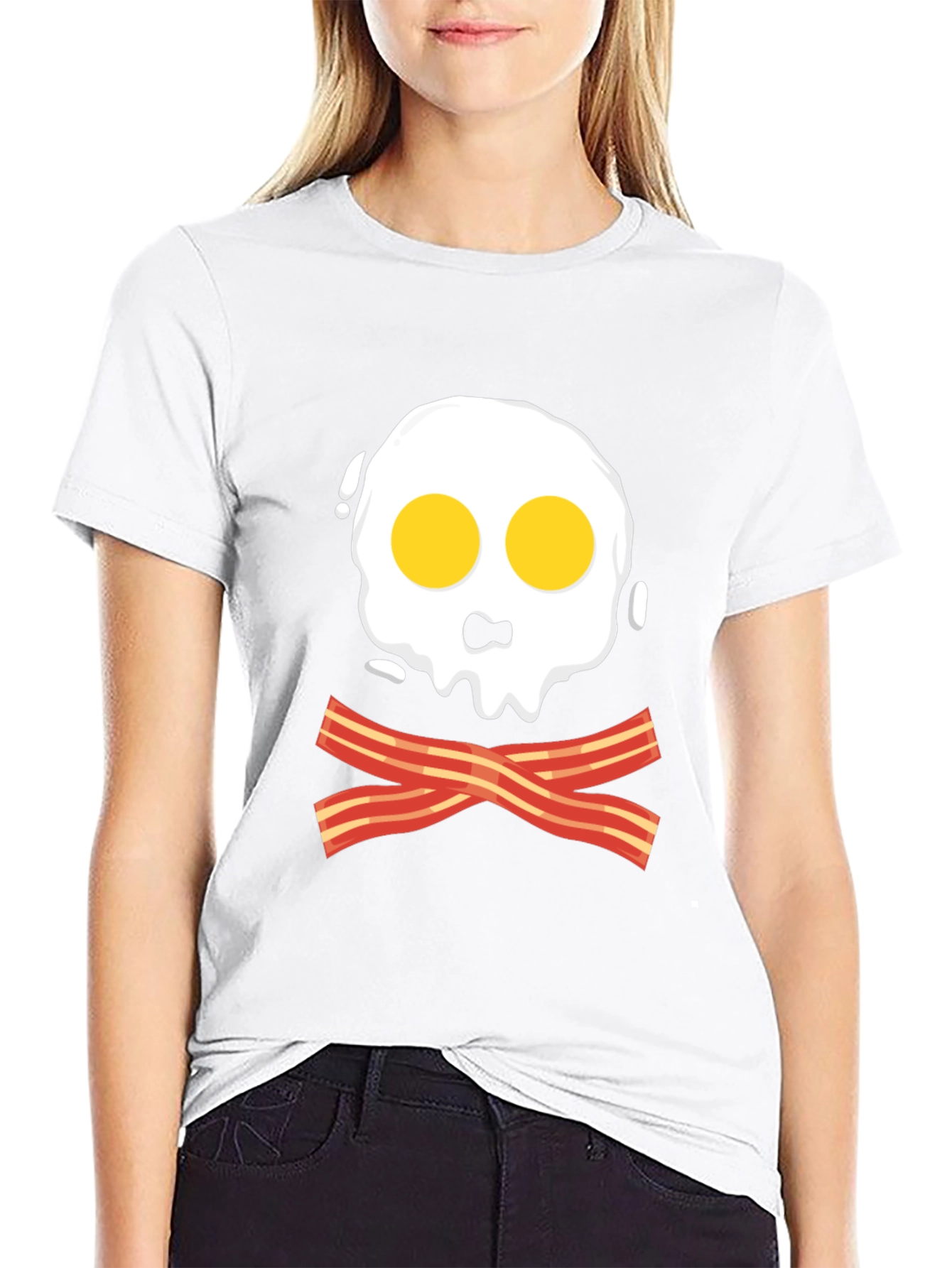 Funny Skull Fried Egg & Bacon Graphic Black T-Shirt