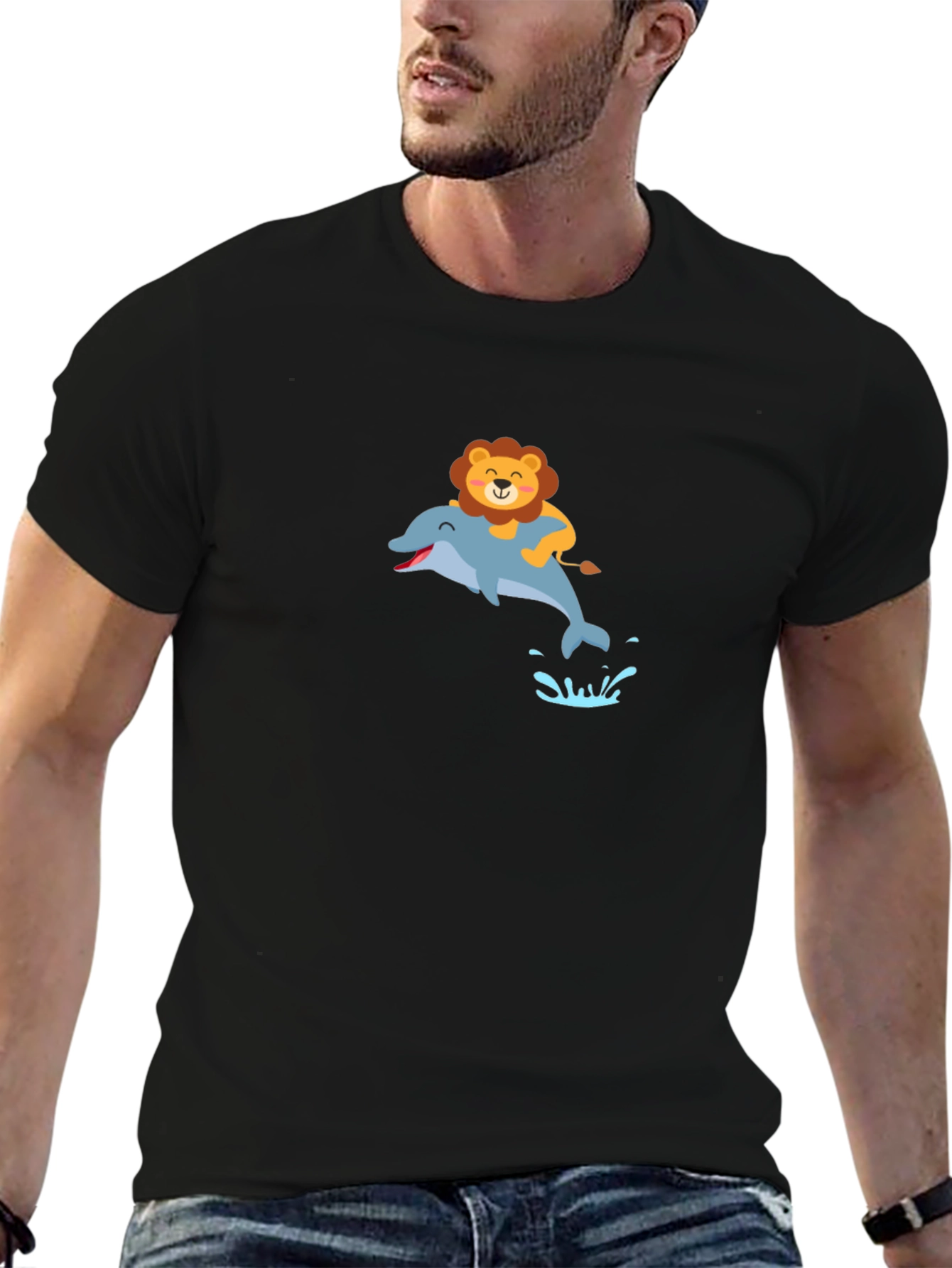 Lion Riding Dolphin Black T-Shirt