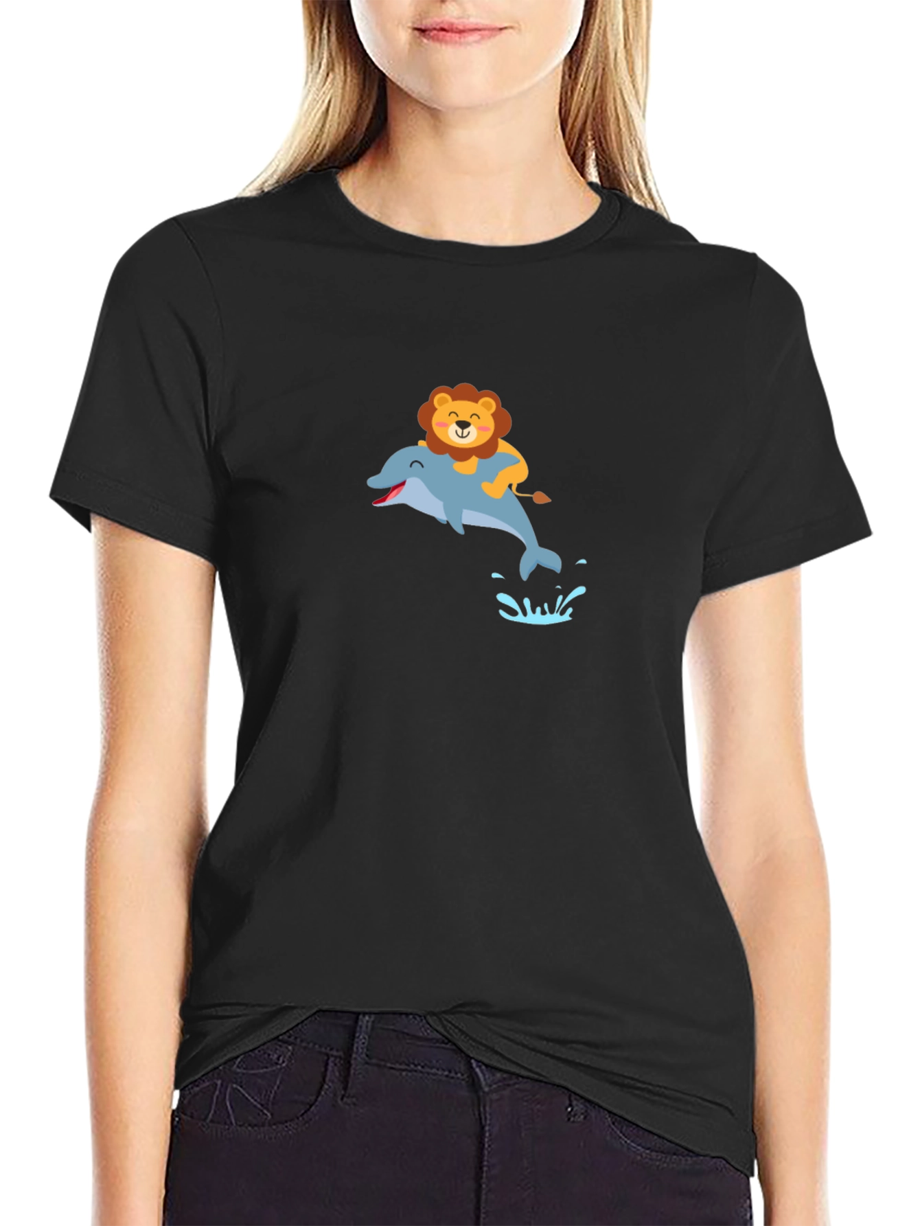 Lion Riding Dolphin Black T-Shirt