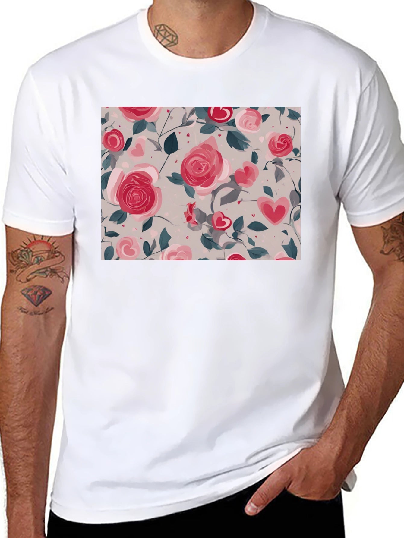 Floral Heart Roses Black T-Shirt