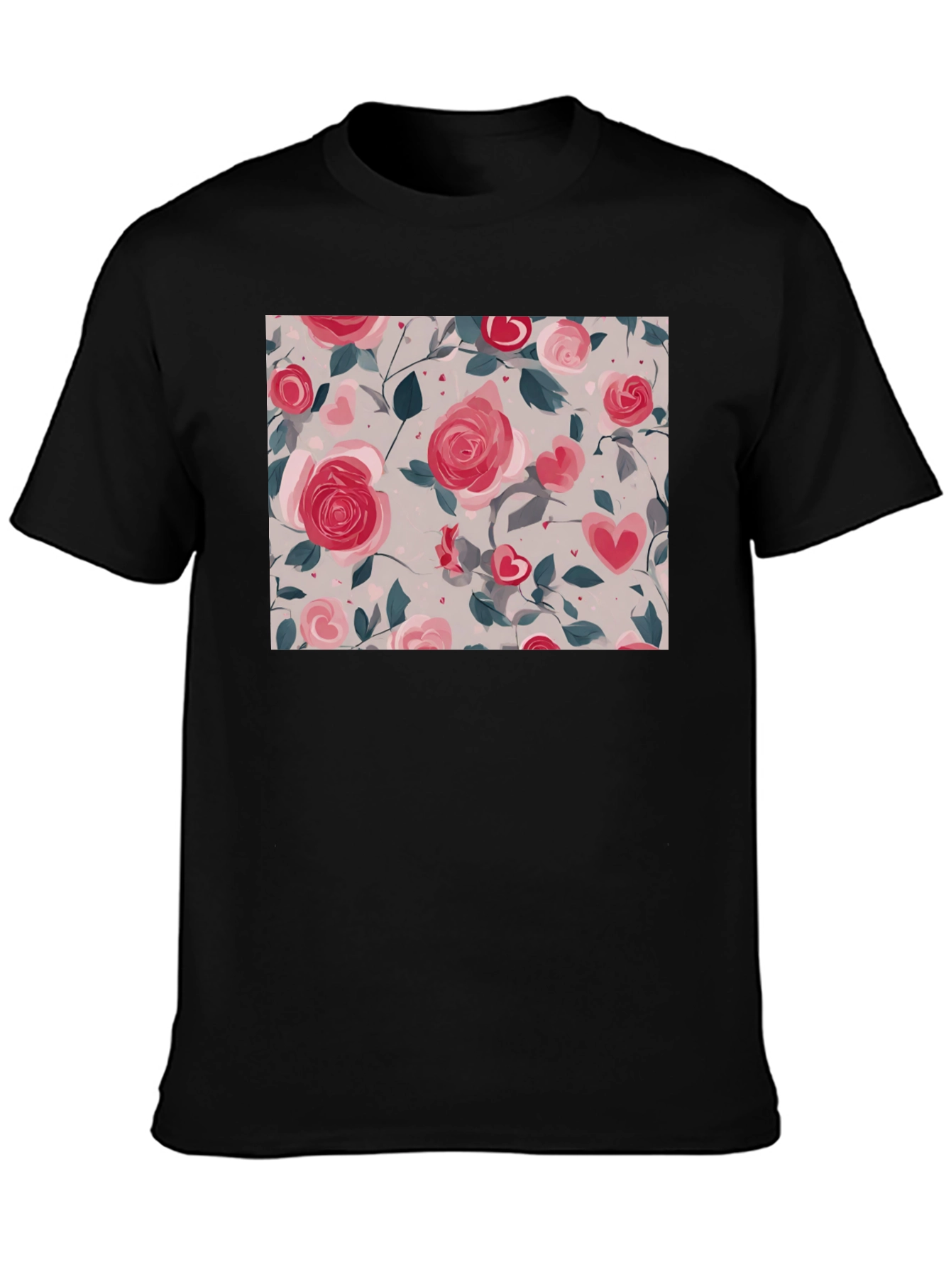 Floral Heart Roses Black T-Shirt
