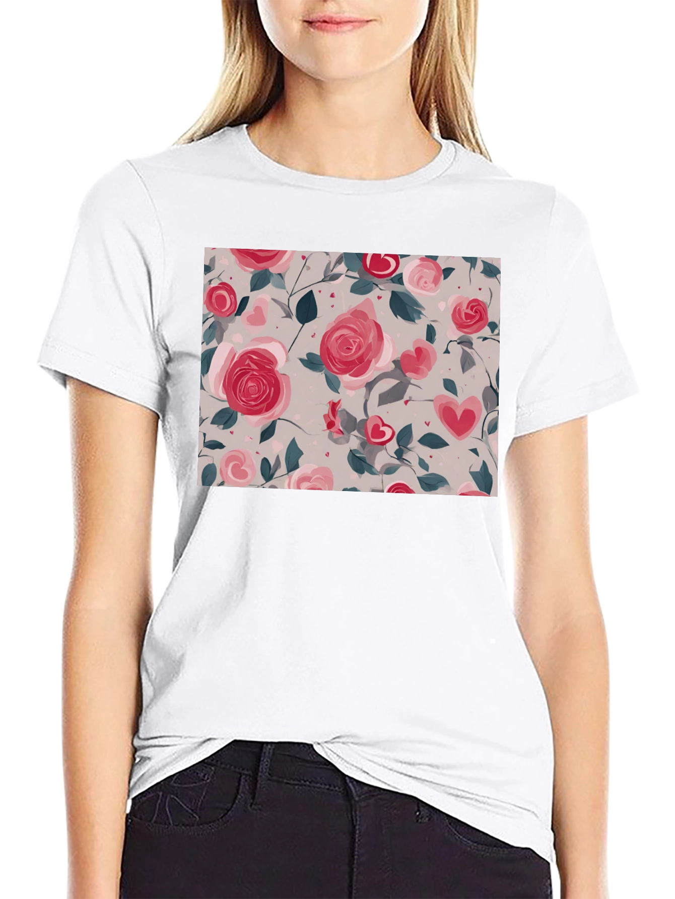 Floral Heart Roses Black T-Shirt
