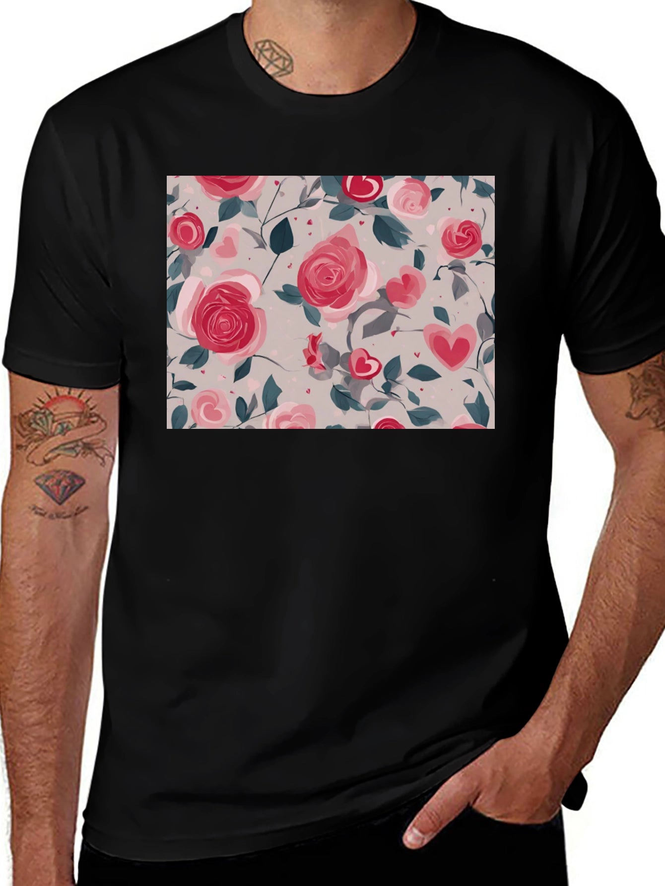 Floral Heart Roses Black T-Shirt