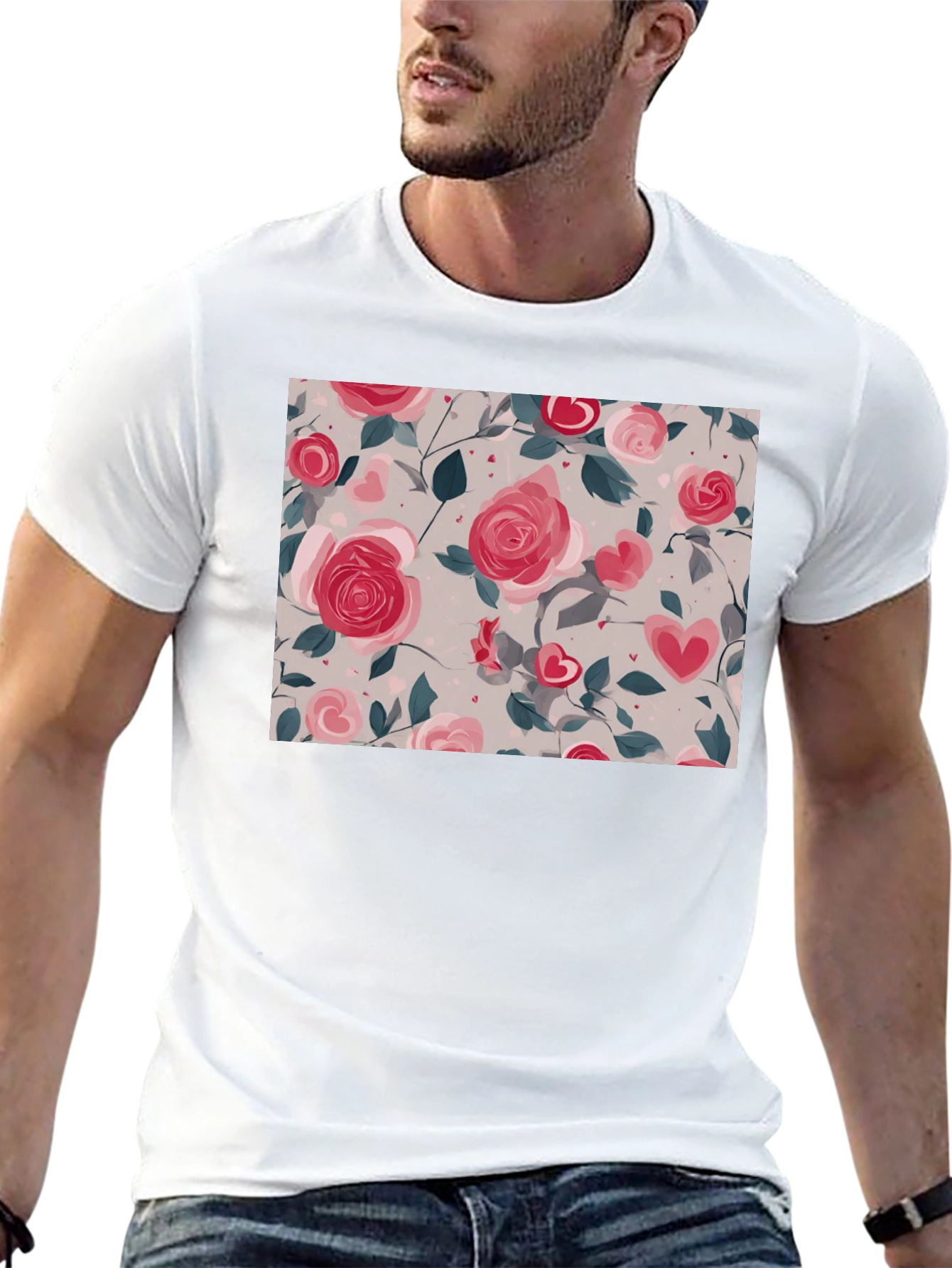 Floral Heart Roses Black T-Shirt