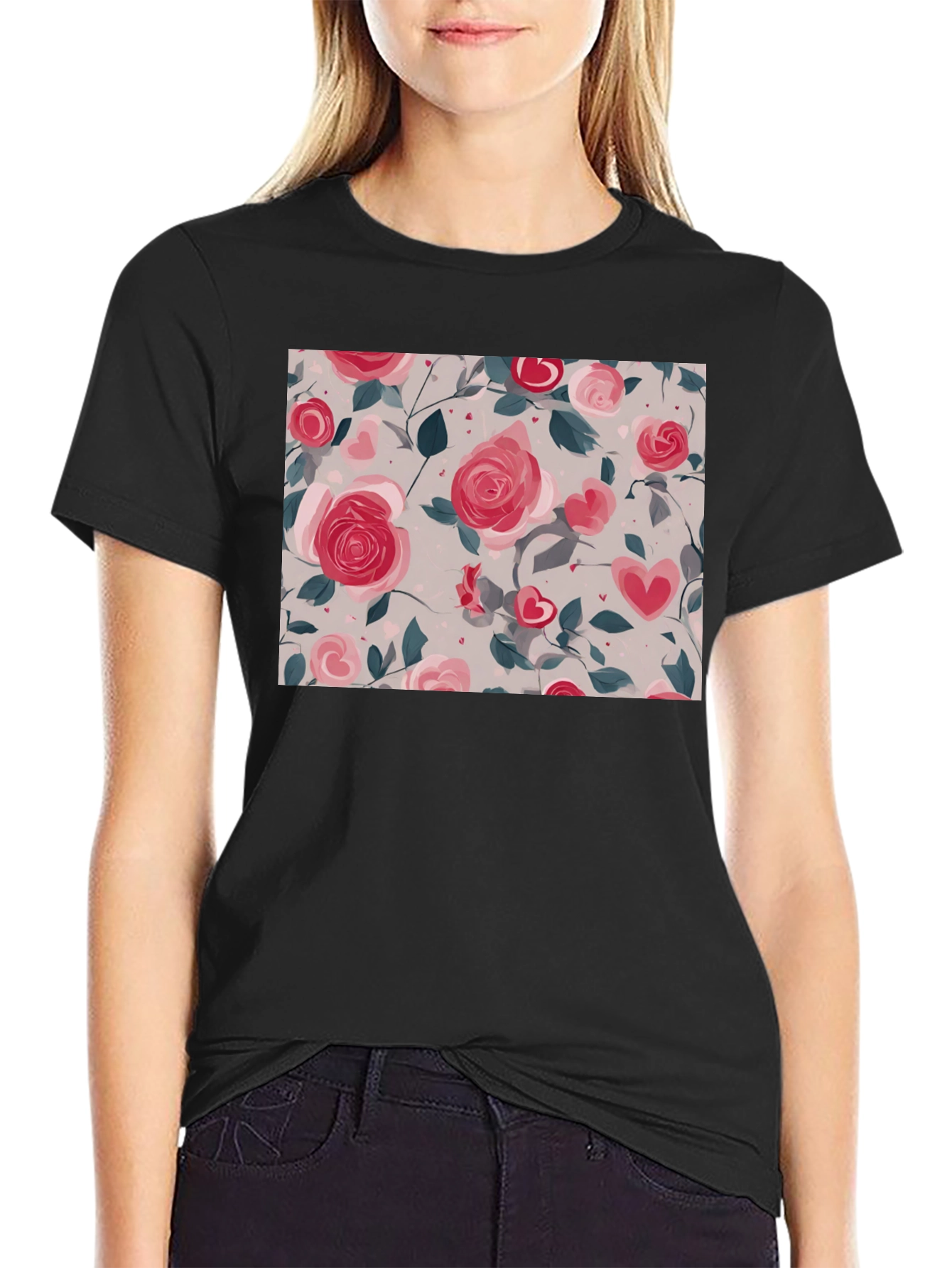 Floral Heart Roses Black T-Shirt