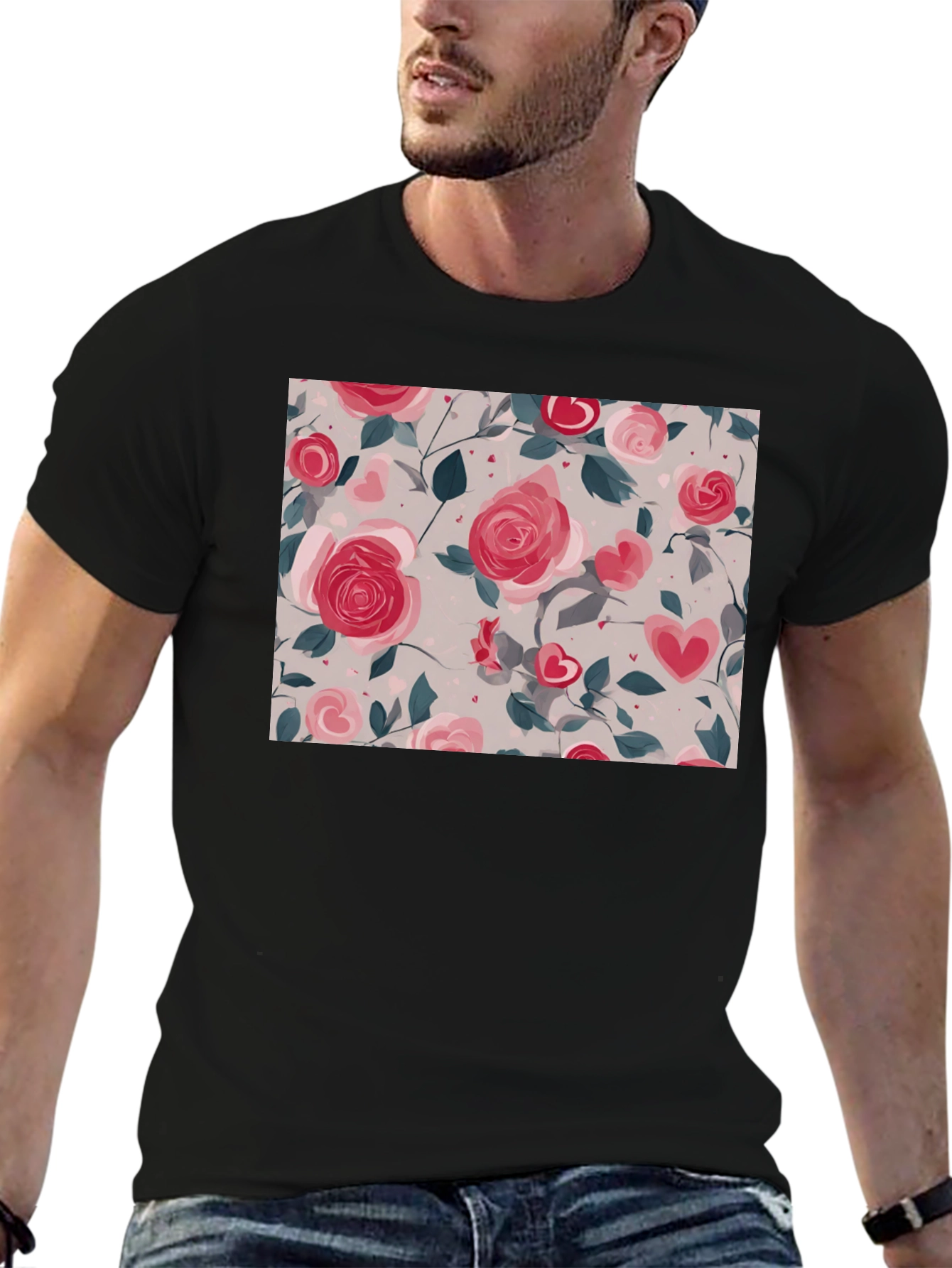 Floral Heart Roses Black T-Shirt