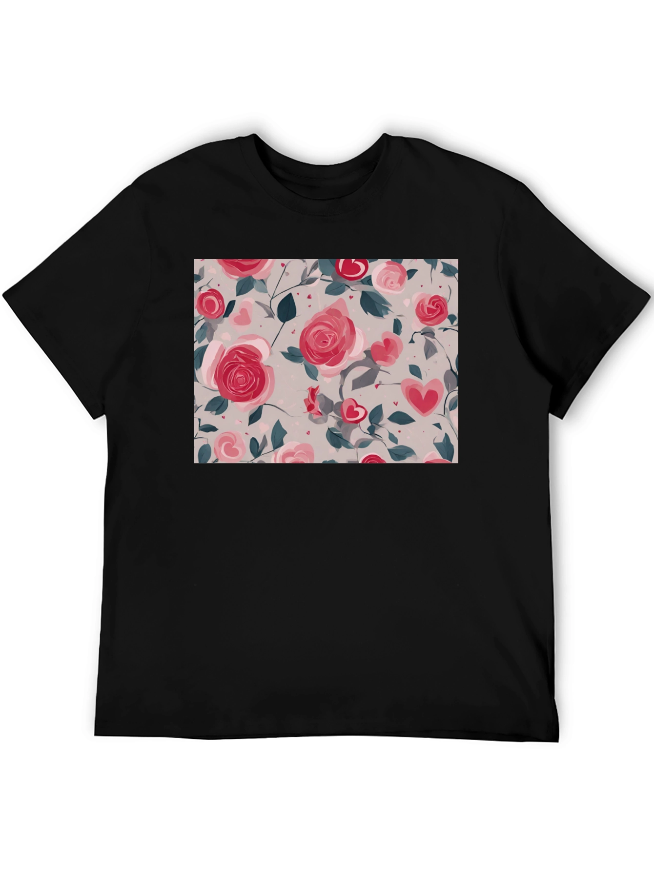 Floral Heart Roses Black T-Shirt
