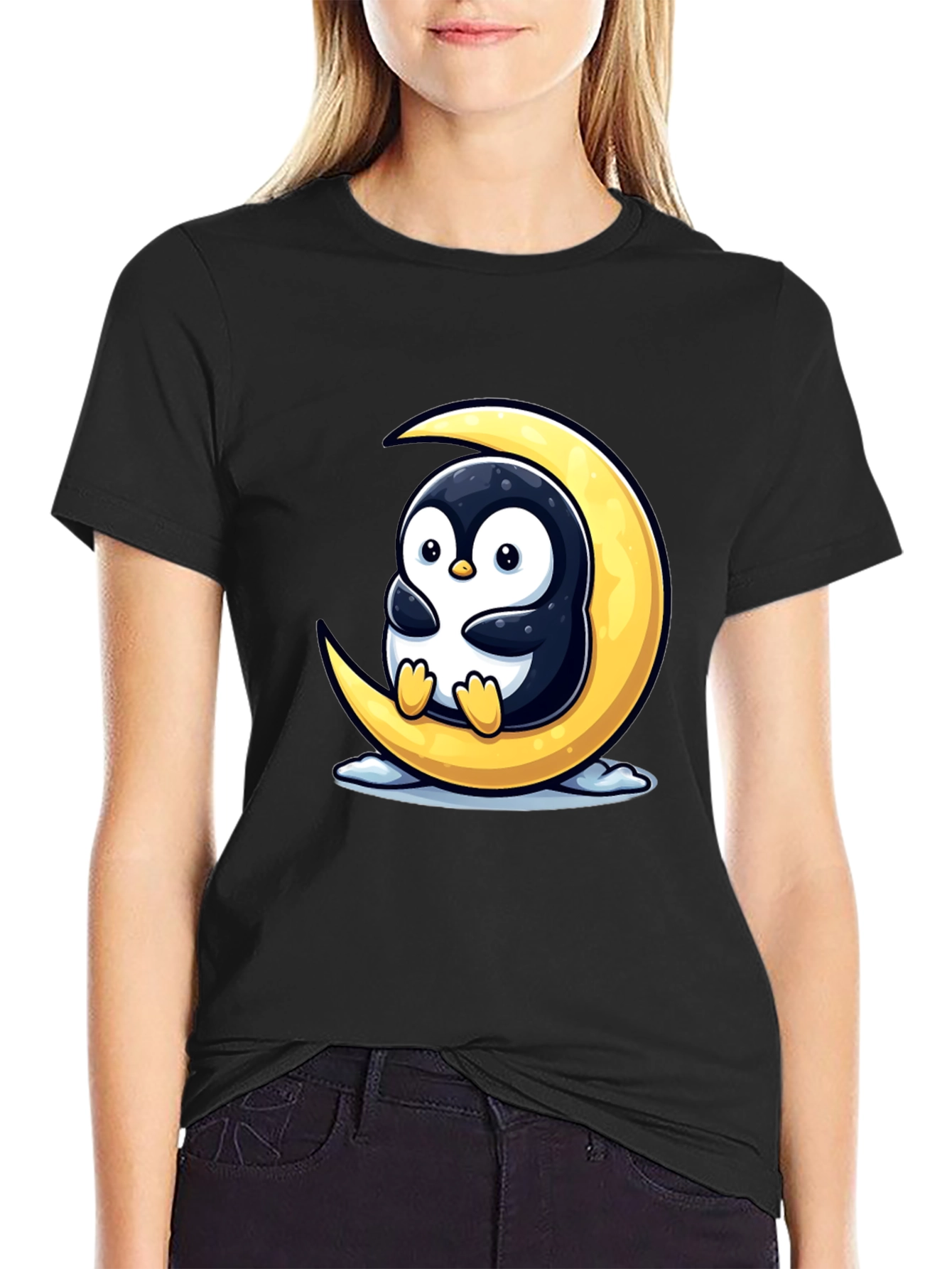 Cute Penguin on Moon Graphic Tee - Black