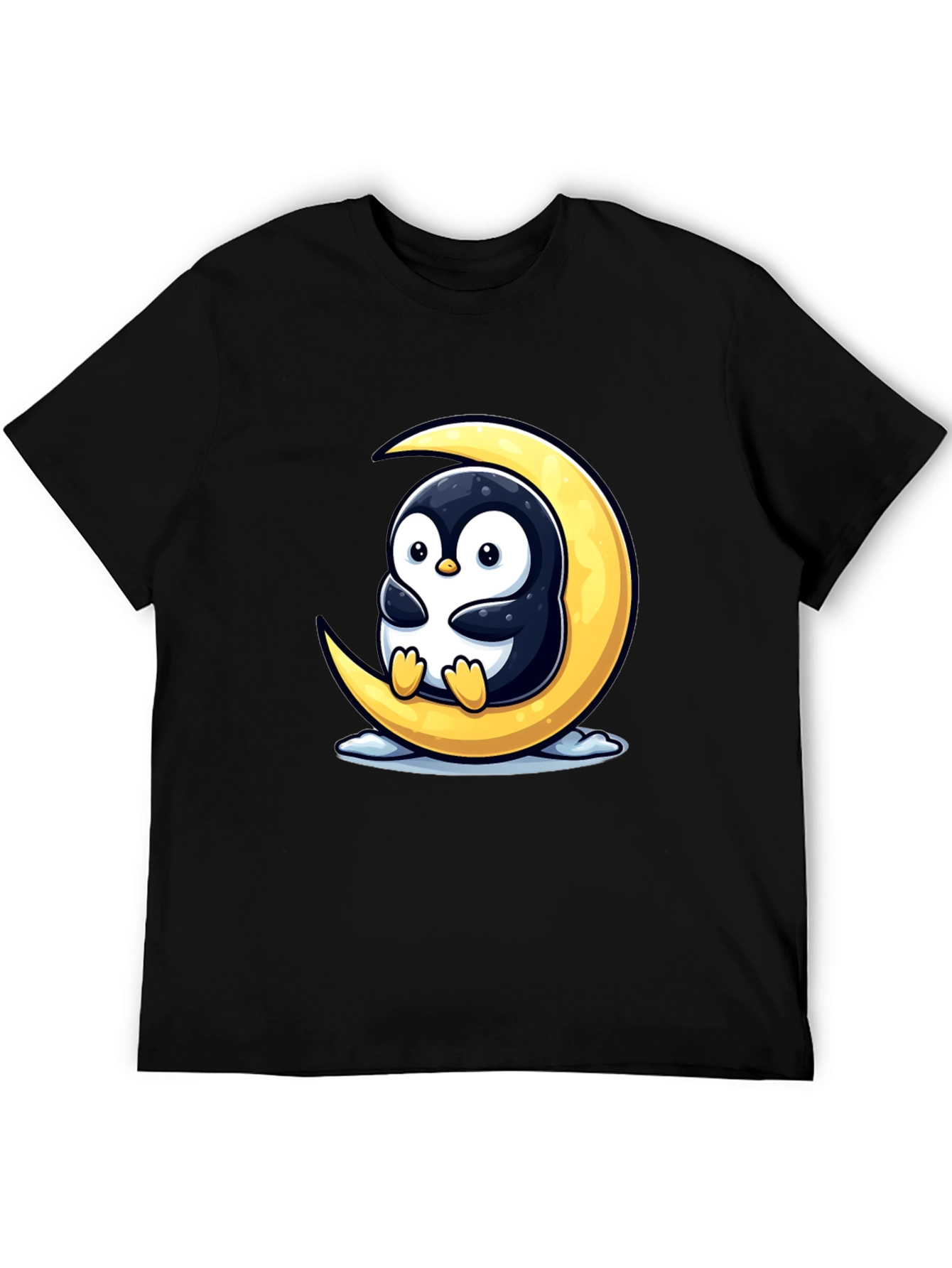 Cute Penguin on Moon Graphic Tee - Black