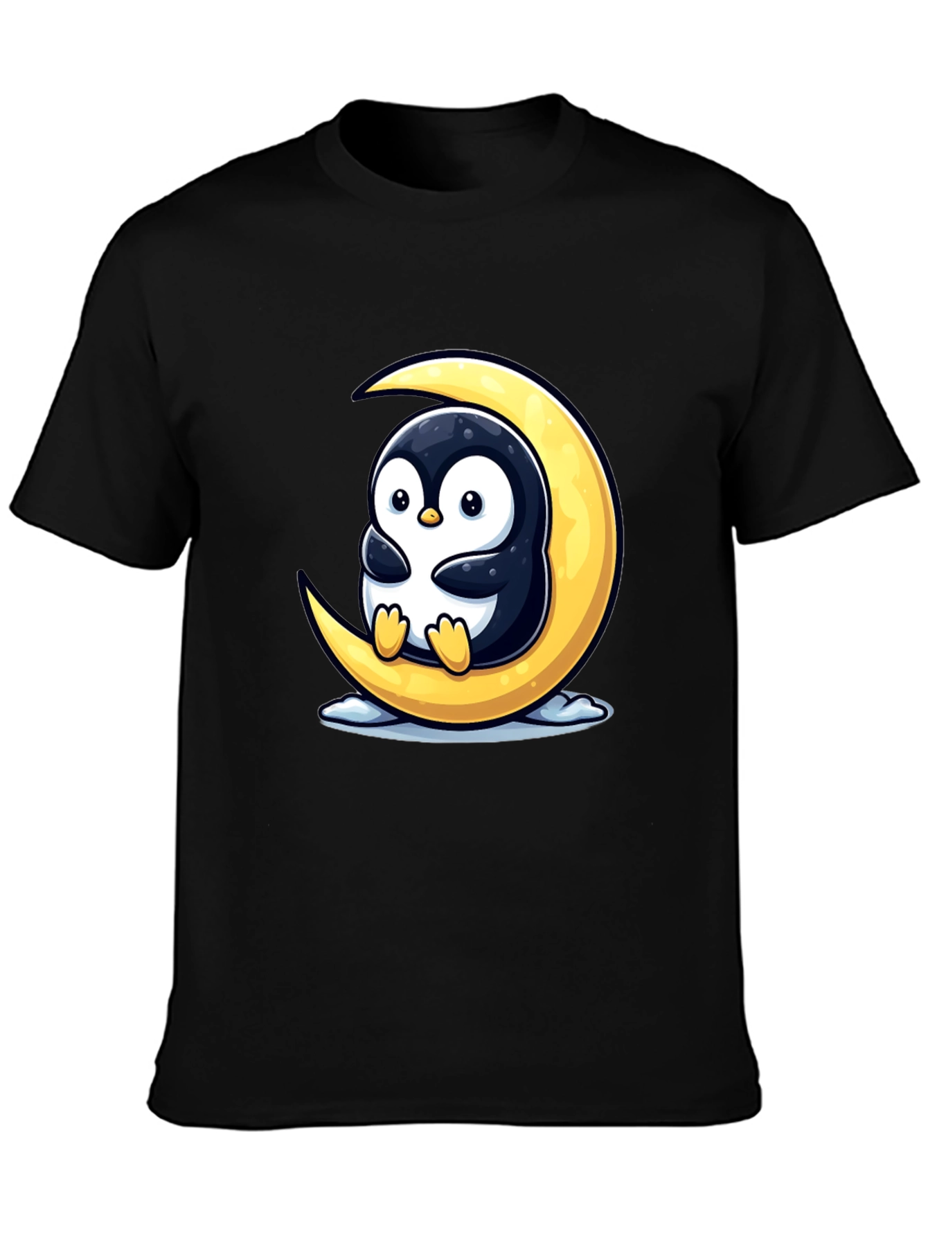 Cute Penguin on Moon Graphic Tee - Black