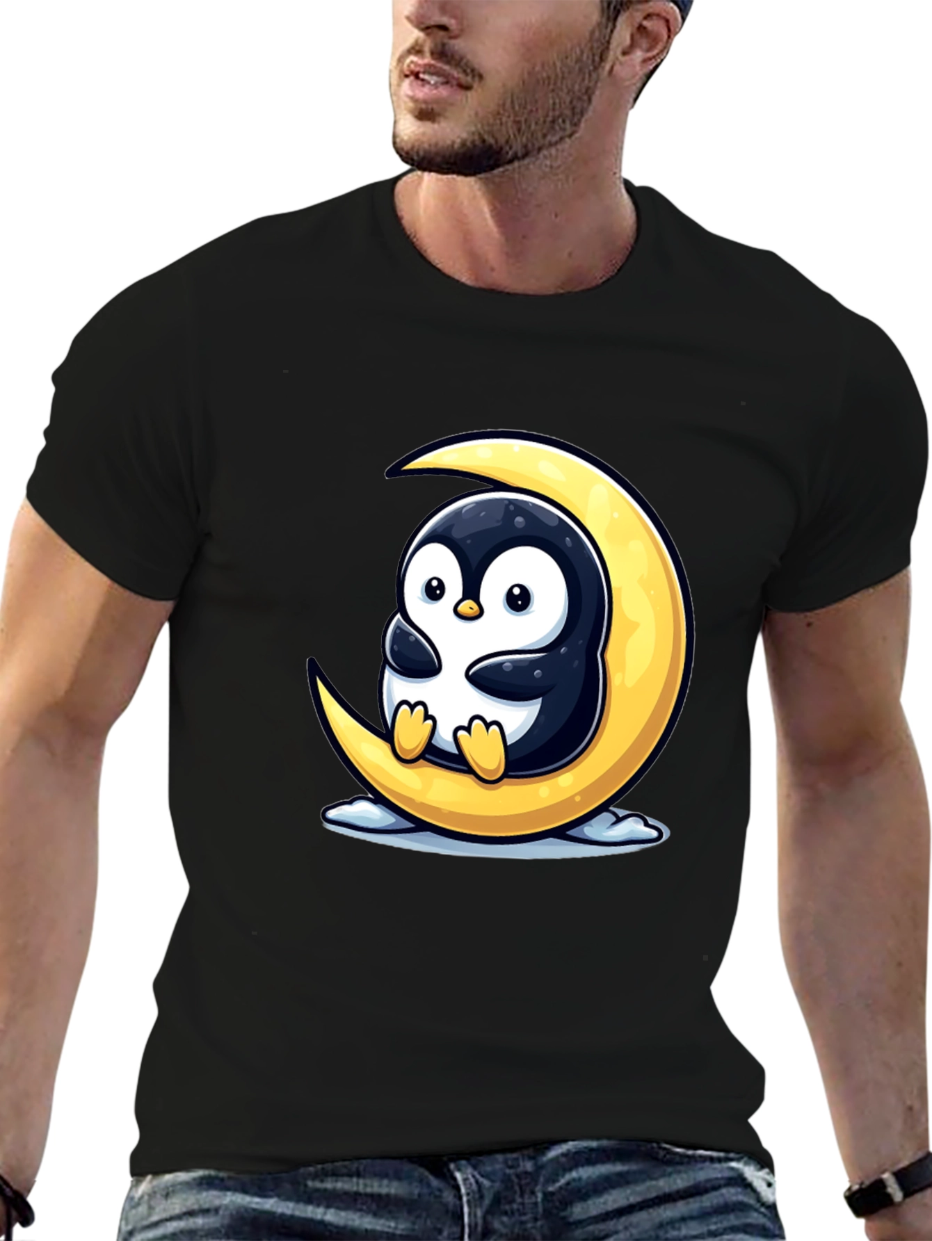 Cute Penguin on Moon Graphic Tee - Black