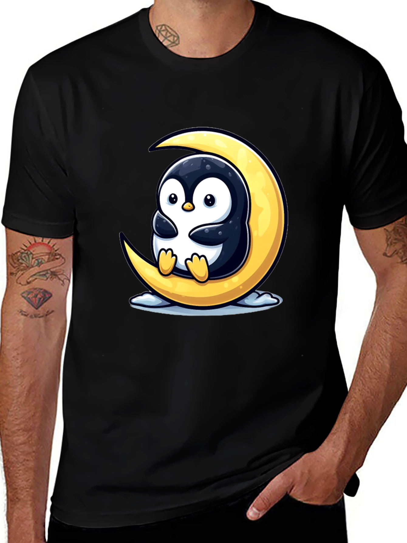 Cute Penguin on Moon Graphic Tee - Black