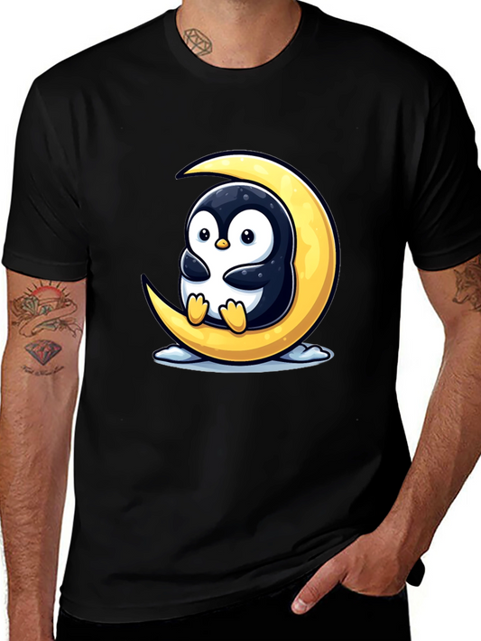 Cute Penguin on Moon Graphic Tee - Black