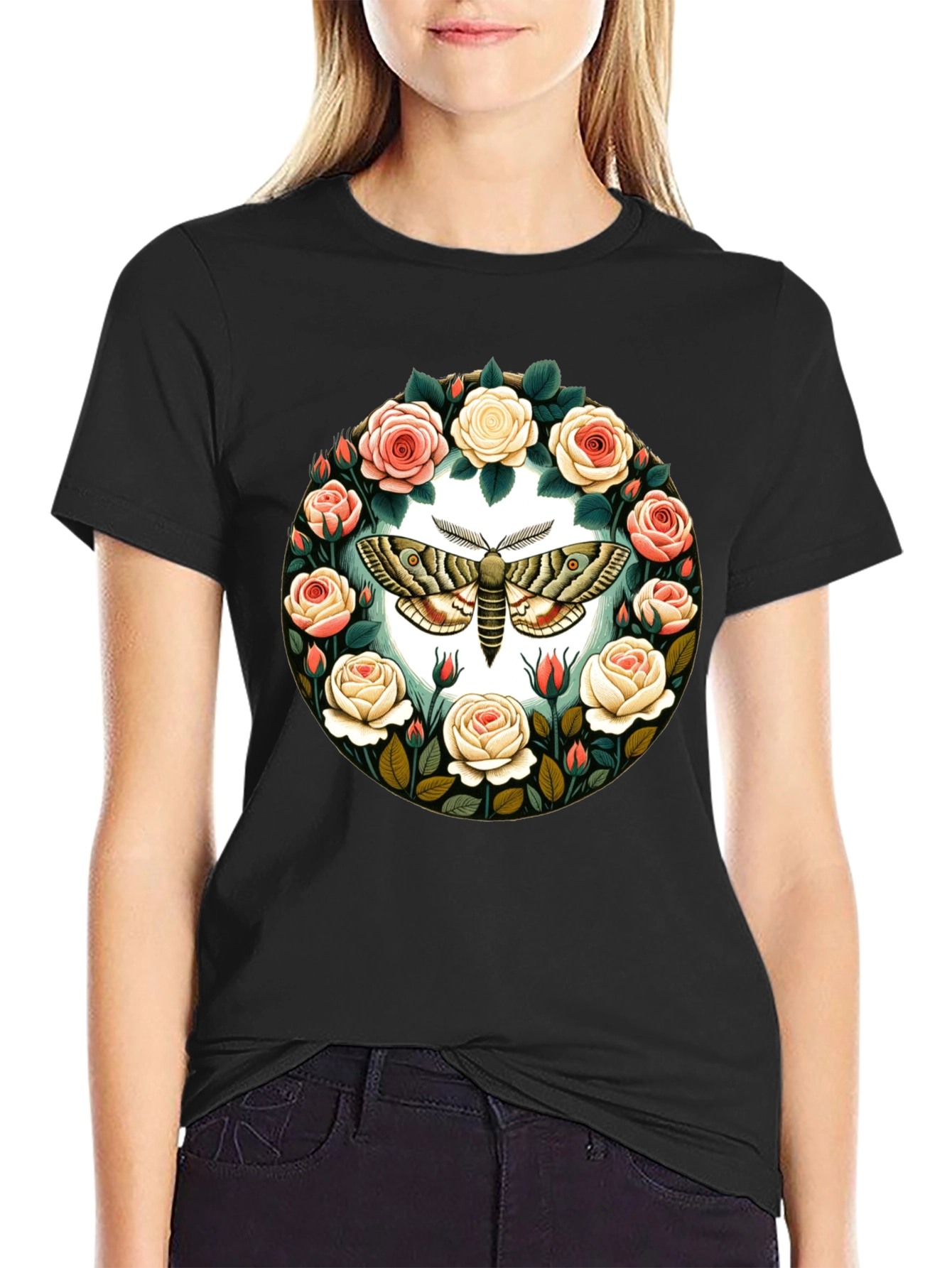 Moth and Roses Graphic T-Shirt