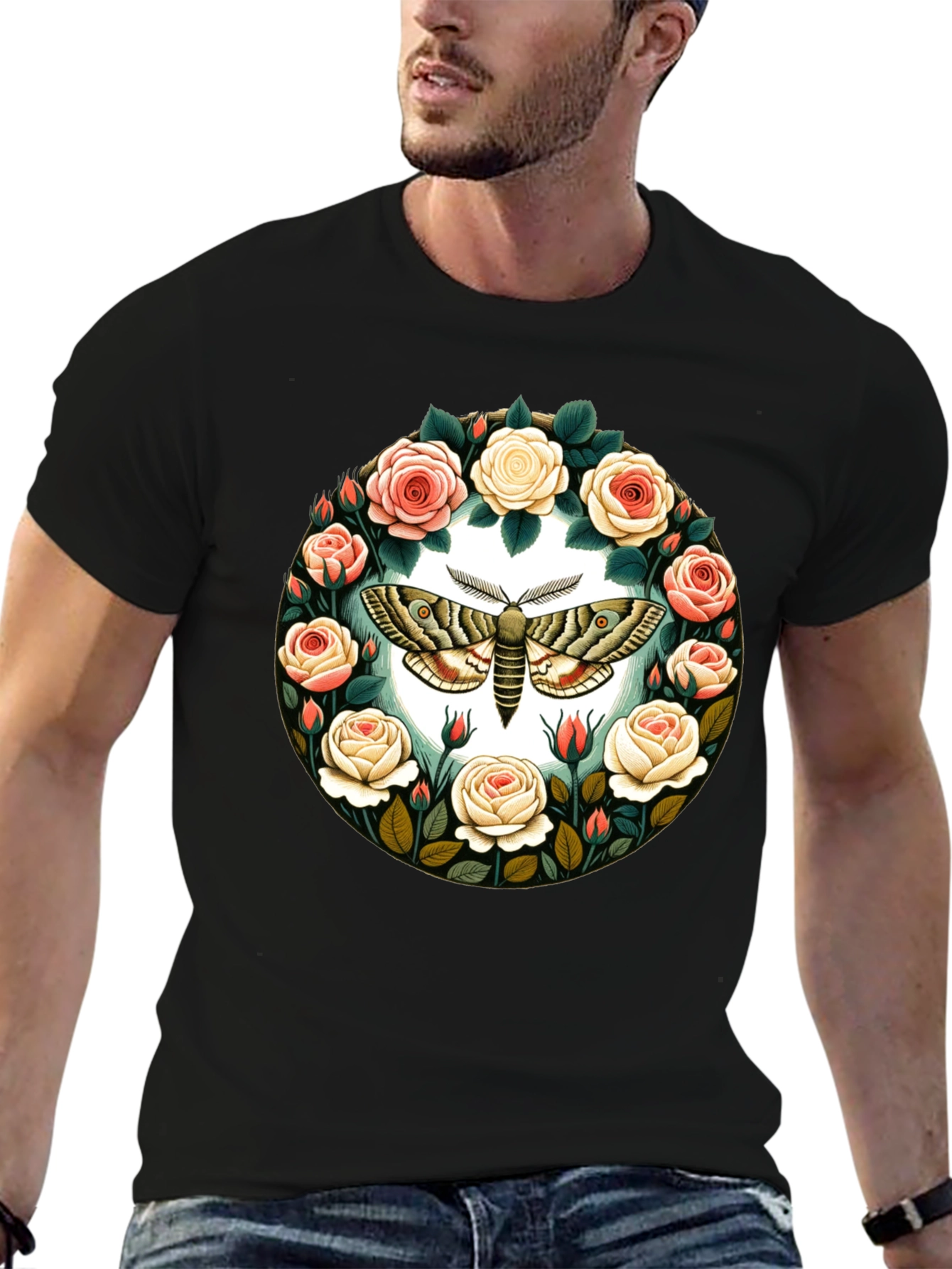 Moth and Roses Graphic T-Shirt