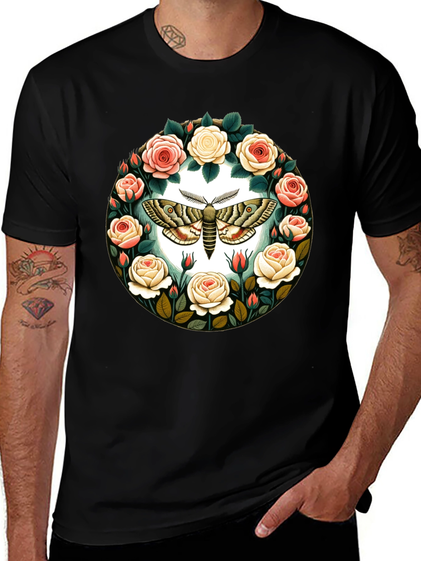 Moth and Roses Graphic T-Shirt