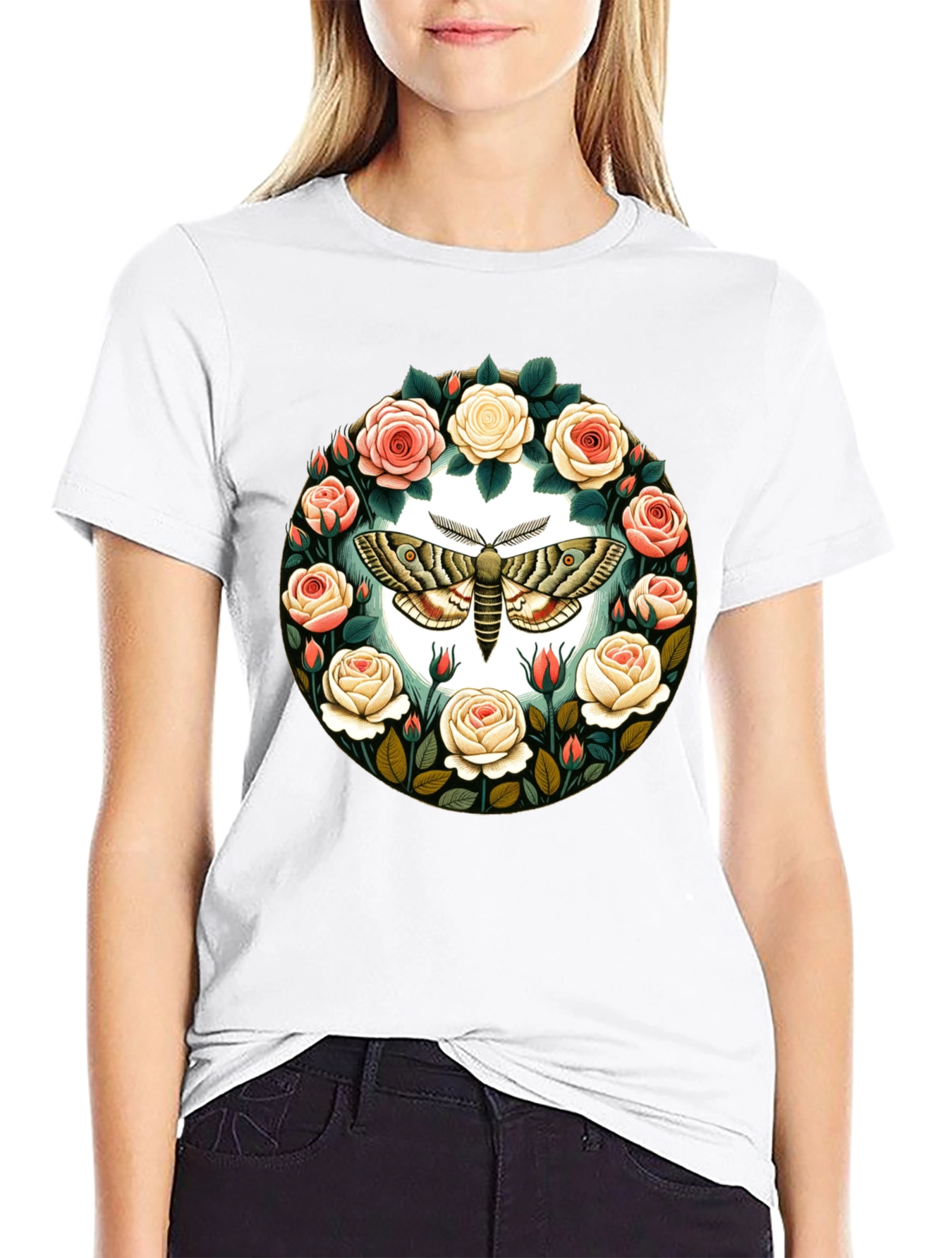 Moth and Roses Graphic T-Shirt