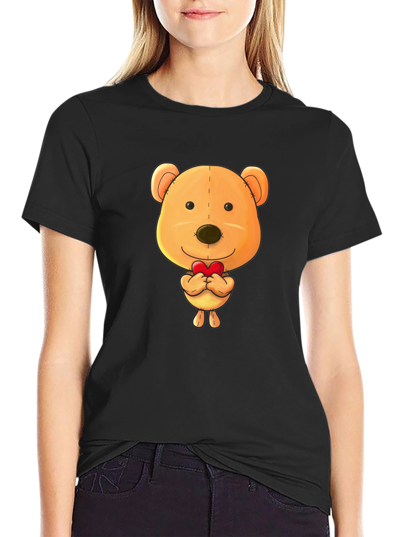 Cute Teddy Bear Heart Graphic Black T-Shirt