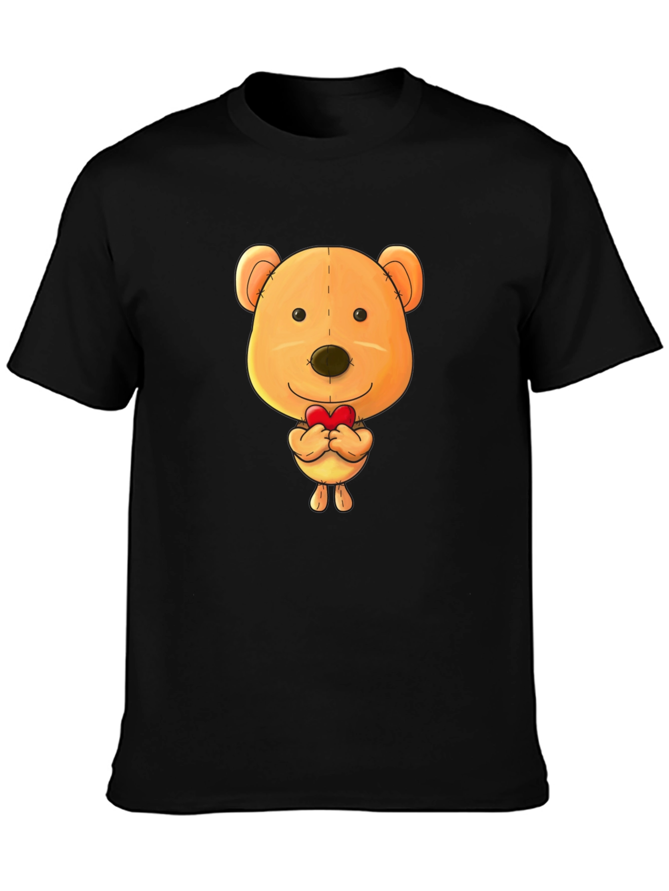 Cute Teddy Bear Heart Graphic Black T-Shirt