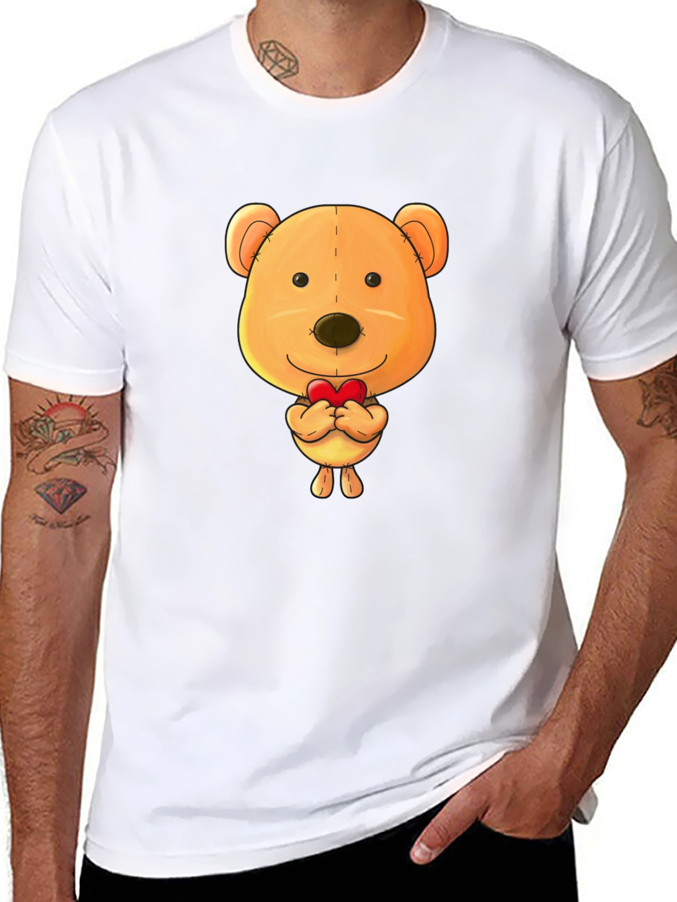 Cute Teddy Bear Heart Graphic Black T-Shirt