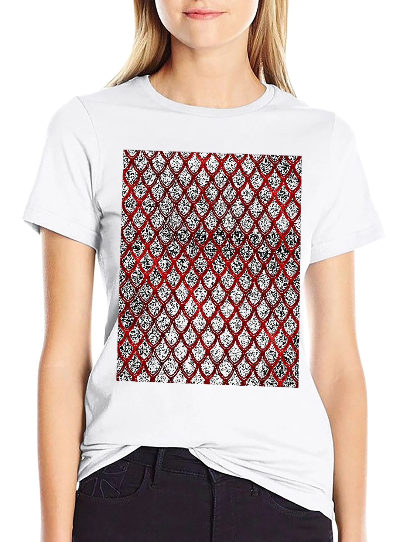 Red Scale Pattern Print Black T-Shirt