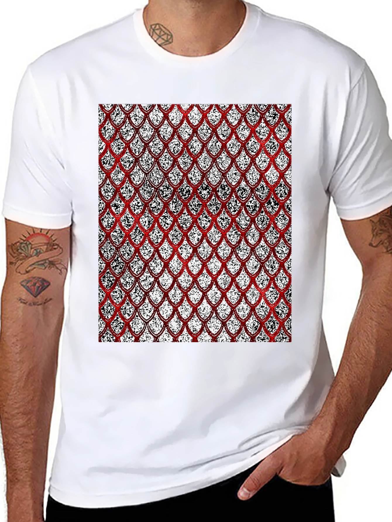 Red Scale Pattern Print Black T-Shirt