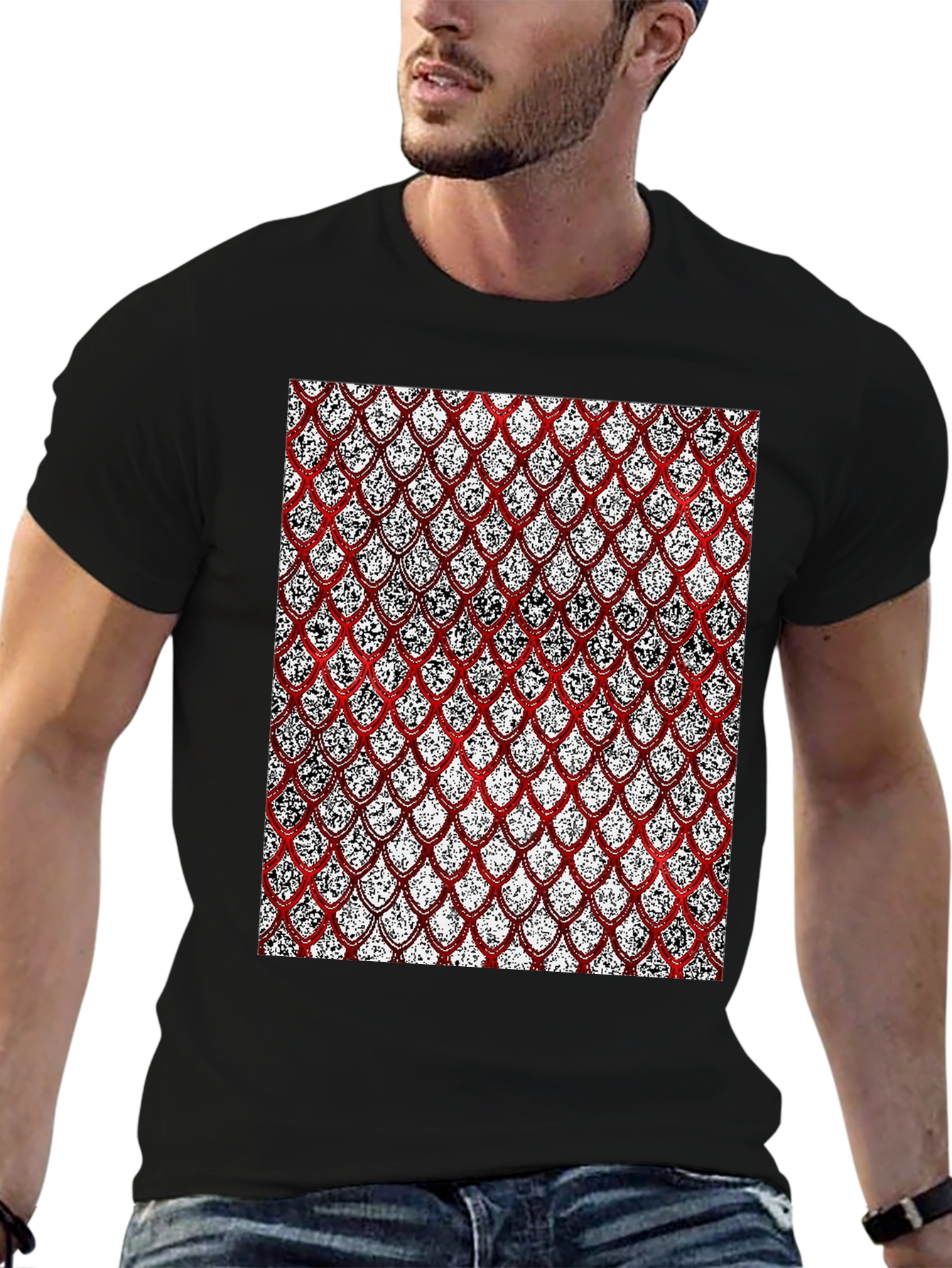 Red Scale Pattern Print Black T-Shirt