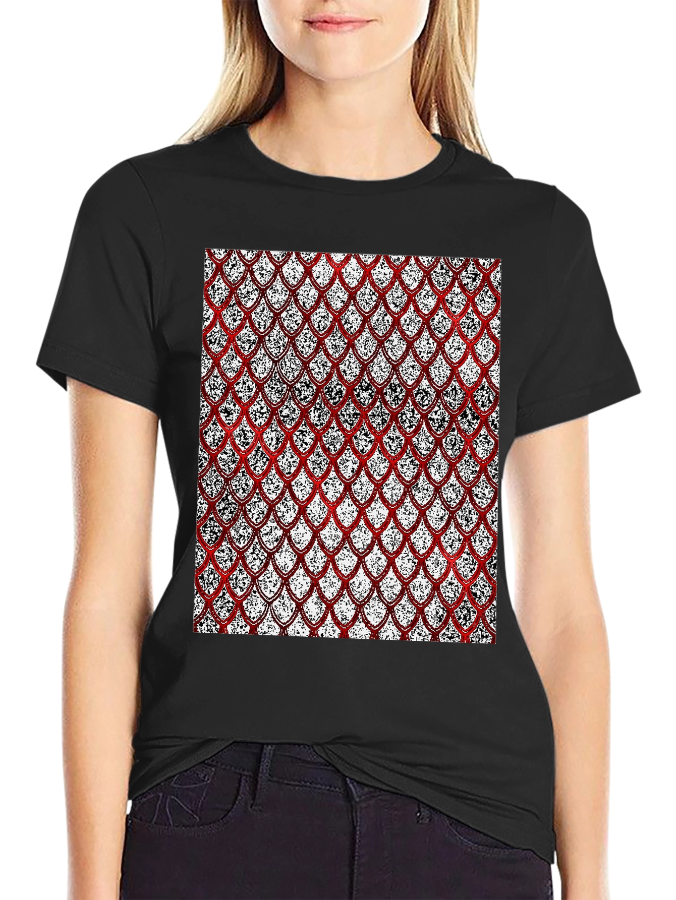 Red Scale Pattern Print Black T-Shirt
