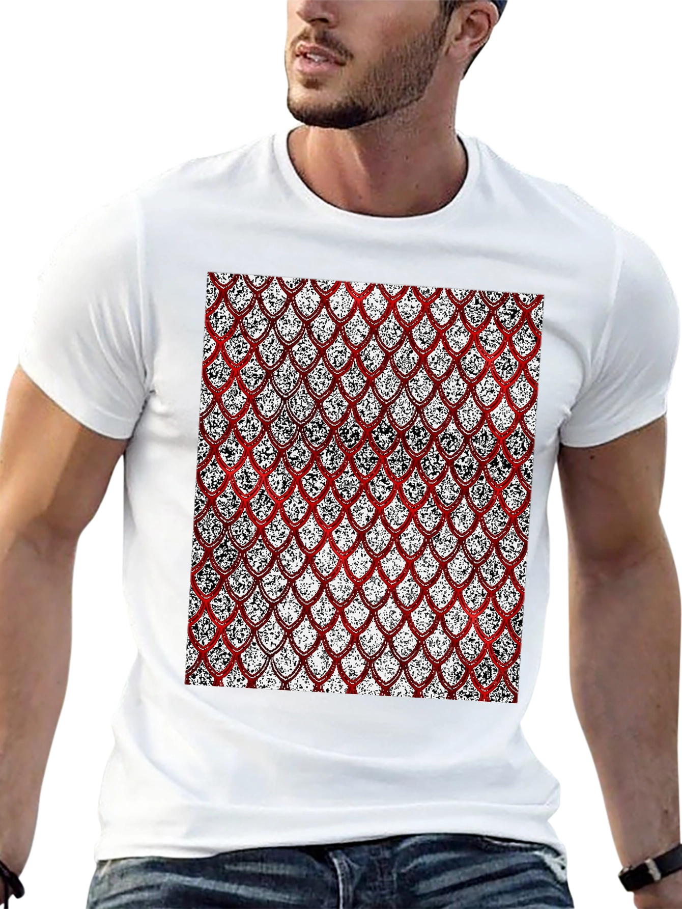 Red Scale Pattern Print Black T-Shirt