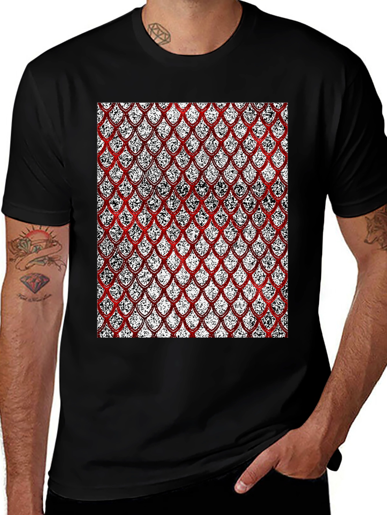 Red Scale Pattern Print Black T-Shirt