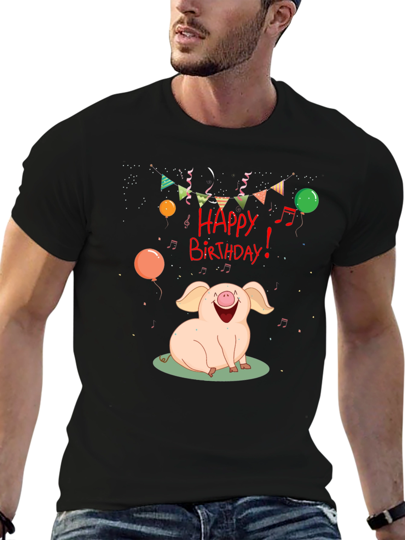 Happy Birthday Pig Graphic Tee - Black