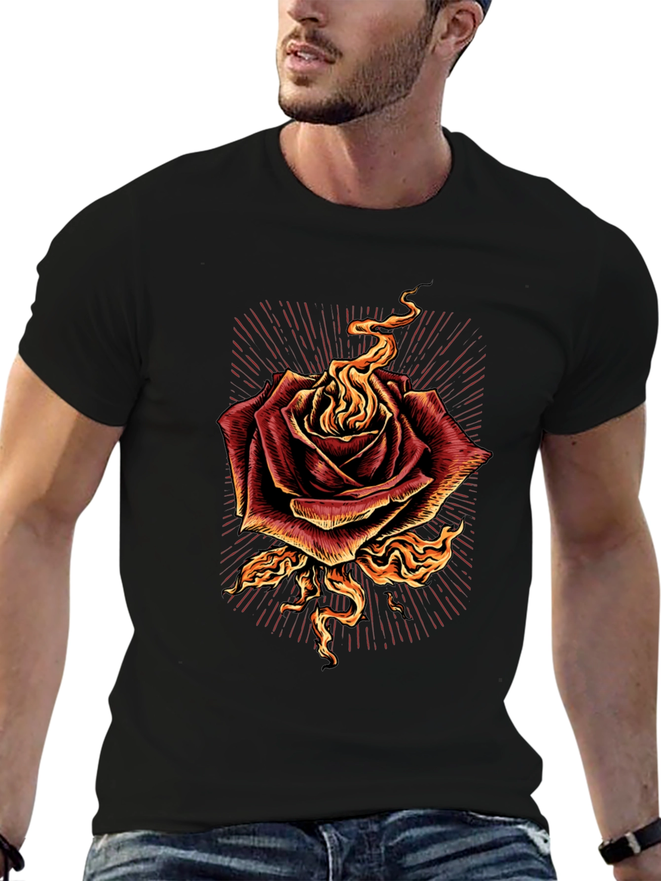 Burning Rose Graphic Tee - Bold Black T-Shirt
