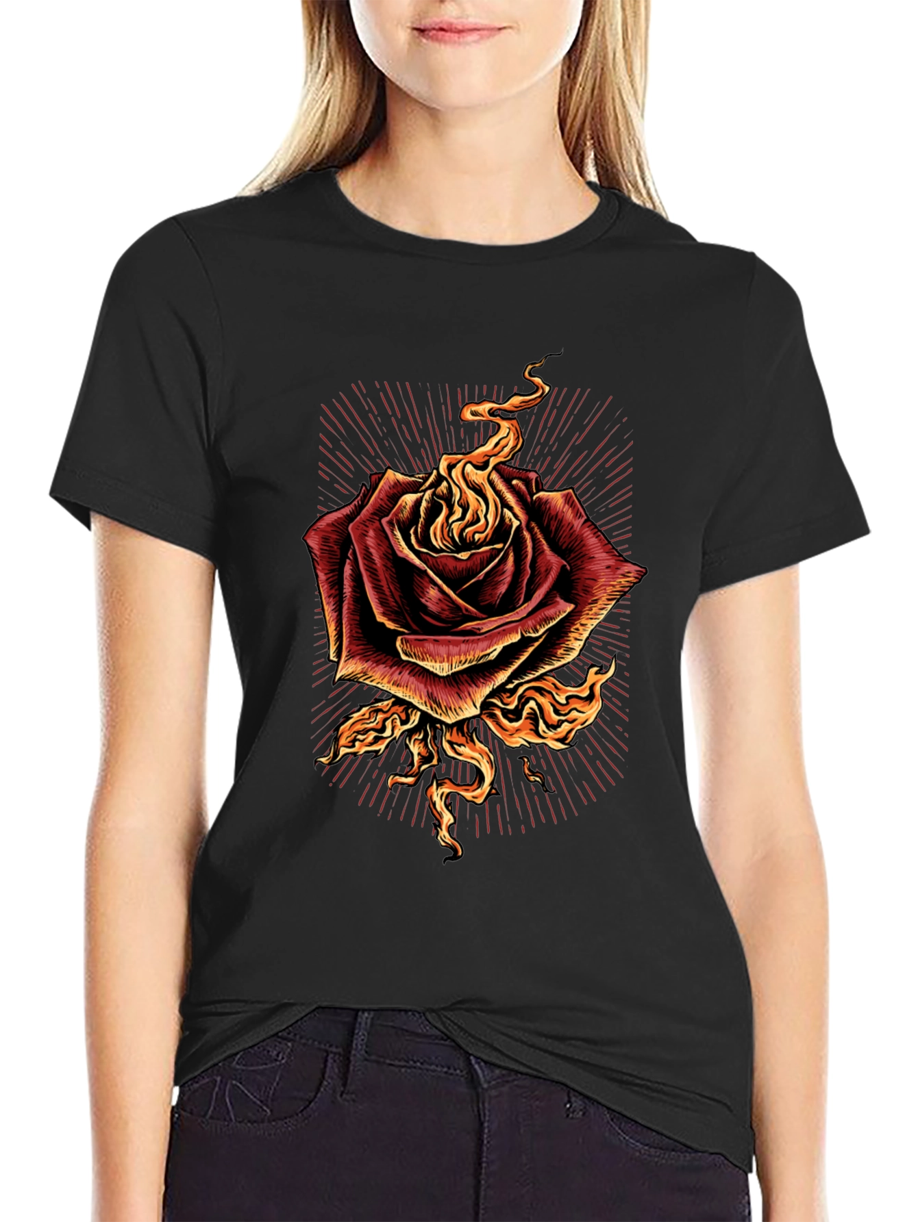 Burning Rose Graphic Tee - Bold Black T-Shirt