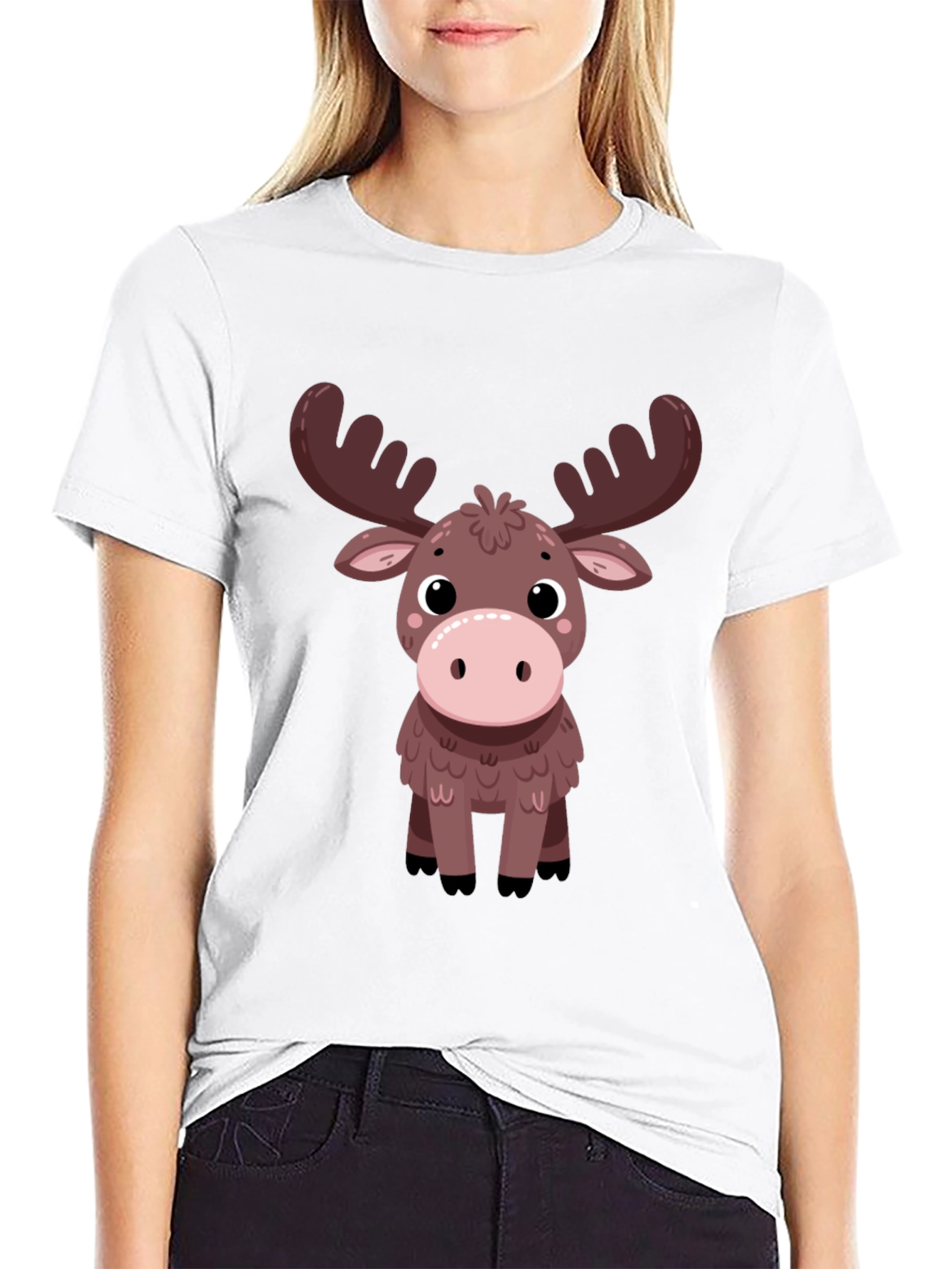 Cute Moose Graphic Tee - Black Cotton T-Shirt