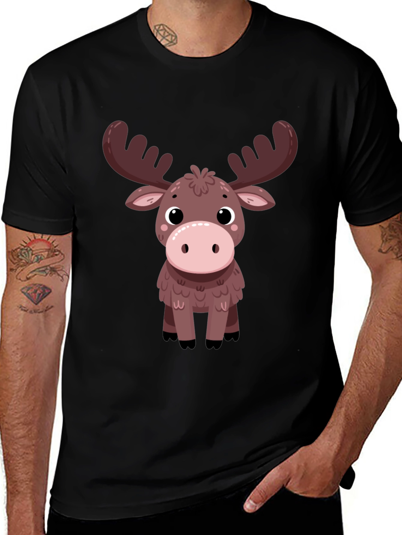 Cute Moose Graphic Tee - Black Cotton T-Shirt